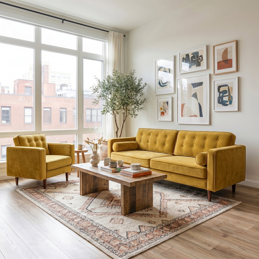Kirby Mid-Century Modern Dark Yellow Velvet Square Arm Sofa | MidinMod