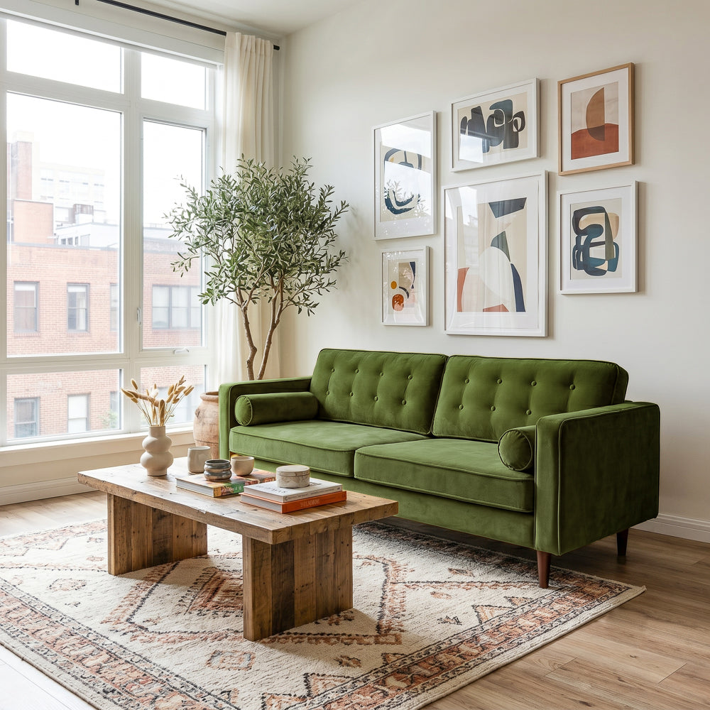 Kirby Mid-Century Modern Olive Green Velvet Square Arm Sofa | MidinMod