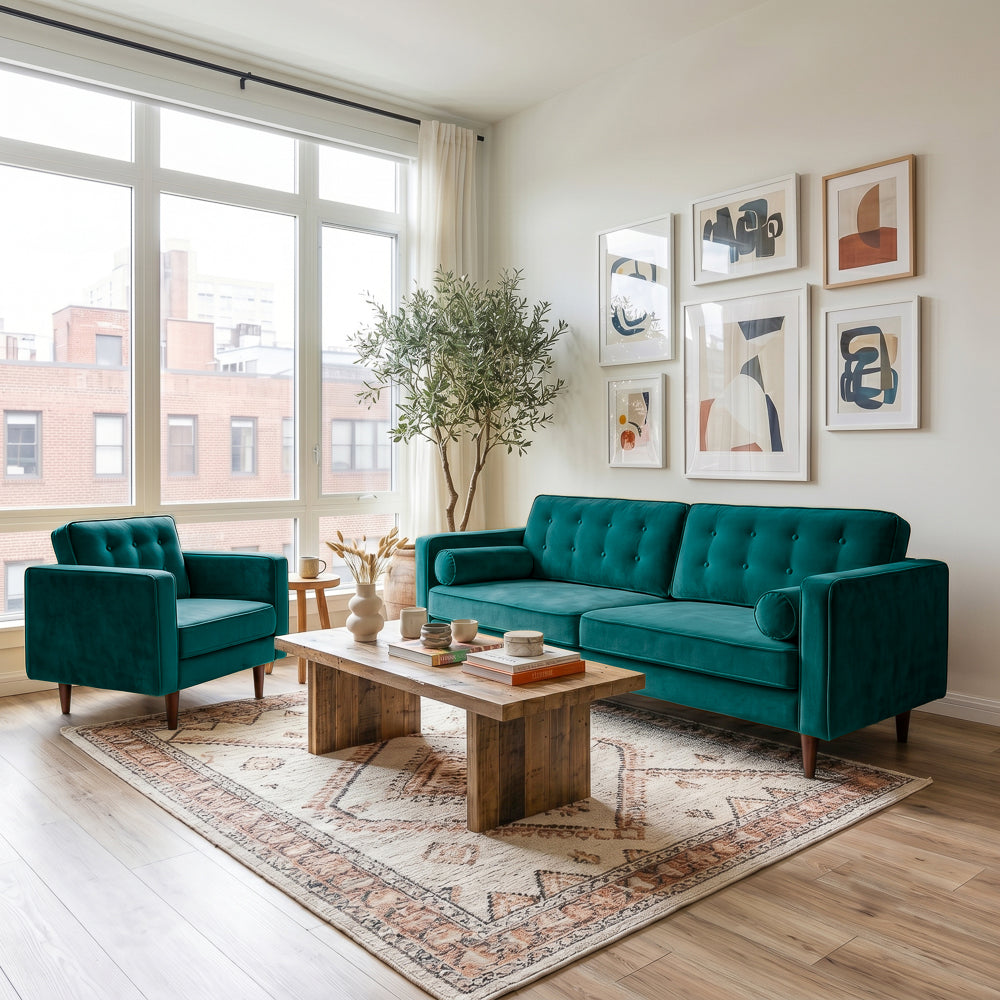 Kirby Teal Velvet Sofa | Contemporary Mid-Century Modern 3-Seater Sofa | MidinMod
