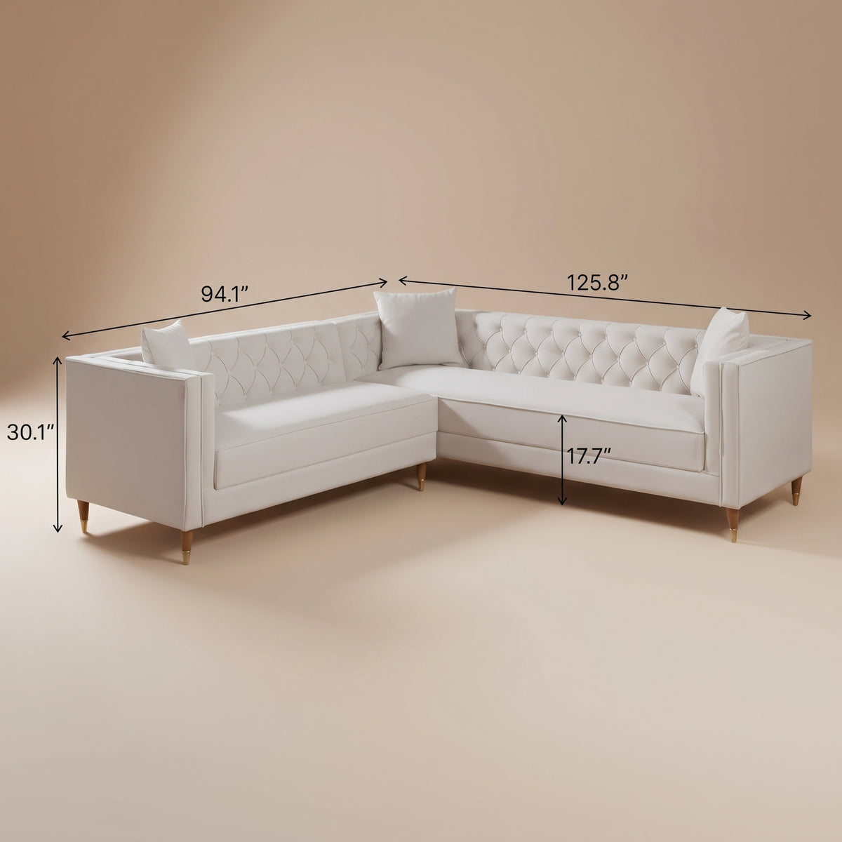 Lewis Mid-Century Modern Cream Velvet Symmetrical Corner Sectional Sofa | MidinMod