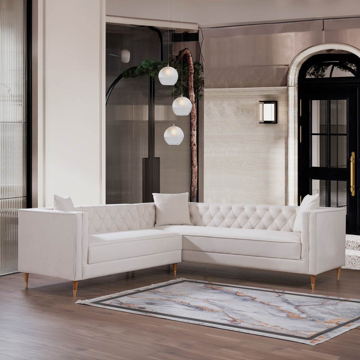 Lewis Mid-Century Modern Cream Velvet Symmetrical Corner Sectional Sofa | MidinMod