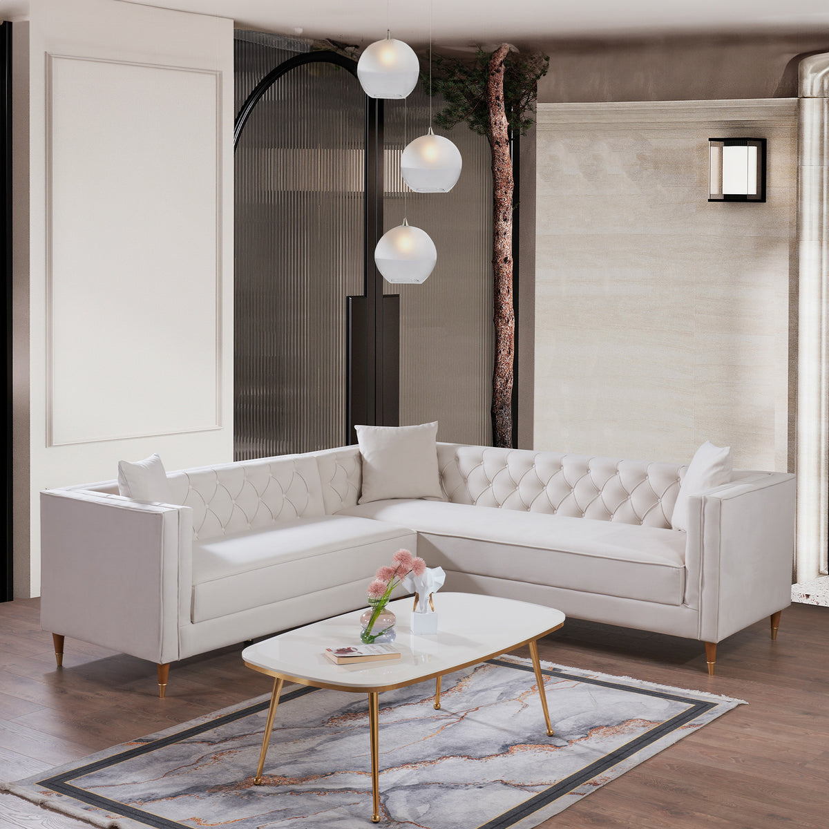 Lewis Mid-Century Modern Cream Velvet Symmetrical Corner Sectional Sofa | MidinMod