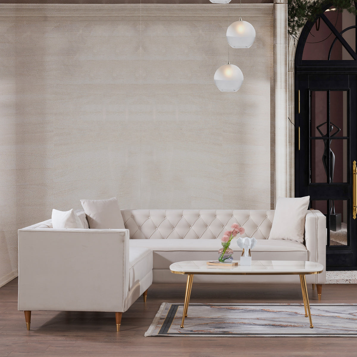 Lewis Mid-Century Modern Cream Velvet Symmetrical Corner Sectional Sofa | MidinMod