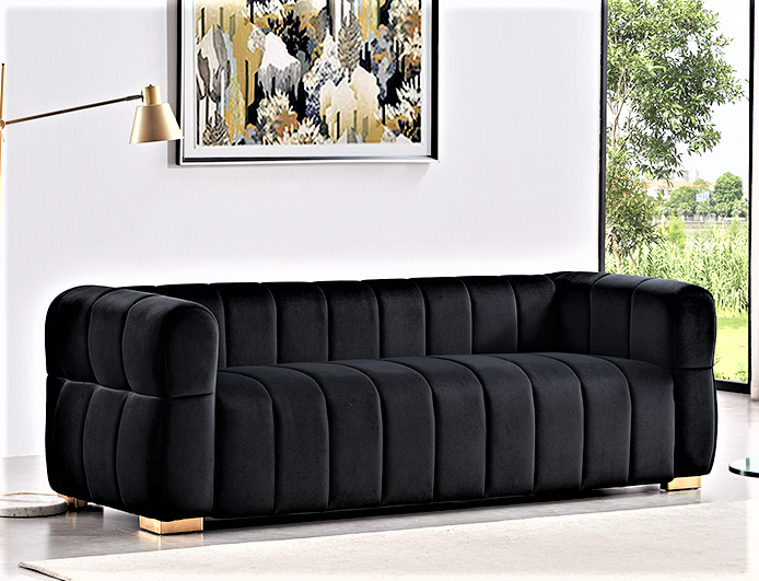 Luka Black Velvet Tufted 3-Seater Art Deco Sofa - MidinMod