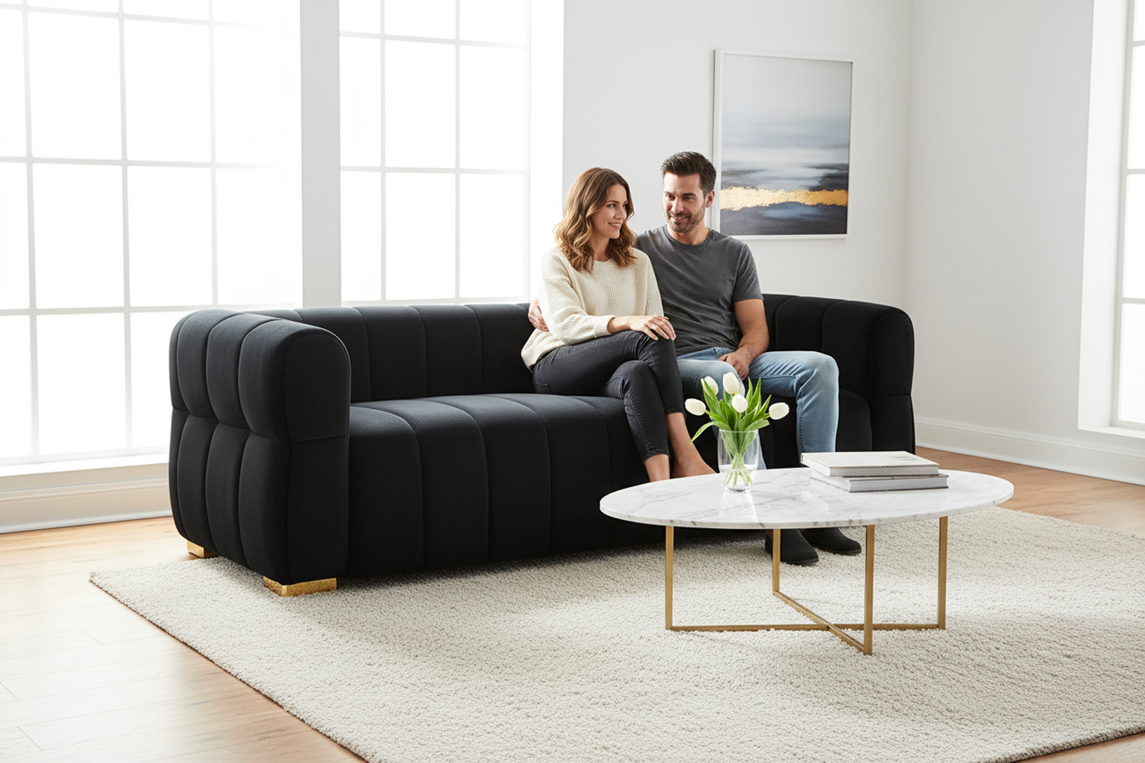 Luka Black Velvet Tufted 3-Seater Art Deco Sofa - MidinMod