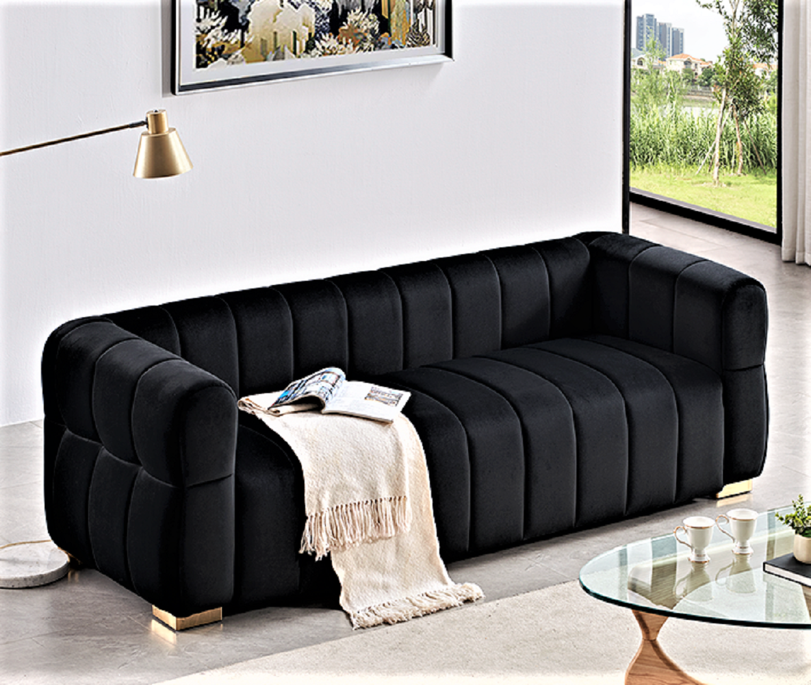 Luka Black Velvet Tufted 3-Seater Art Deco Sofa - MidinMod