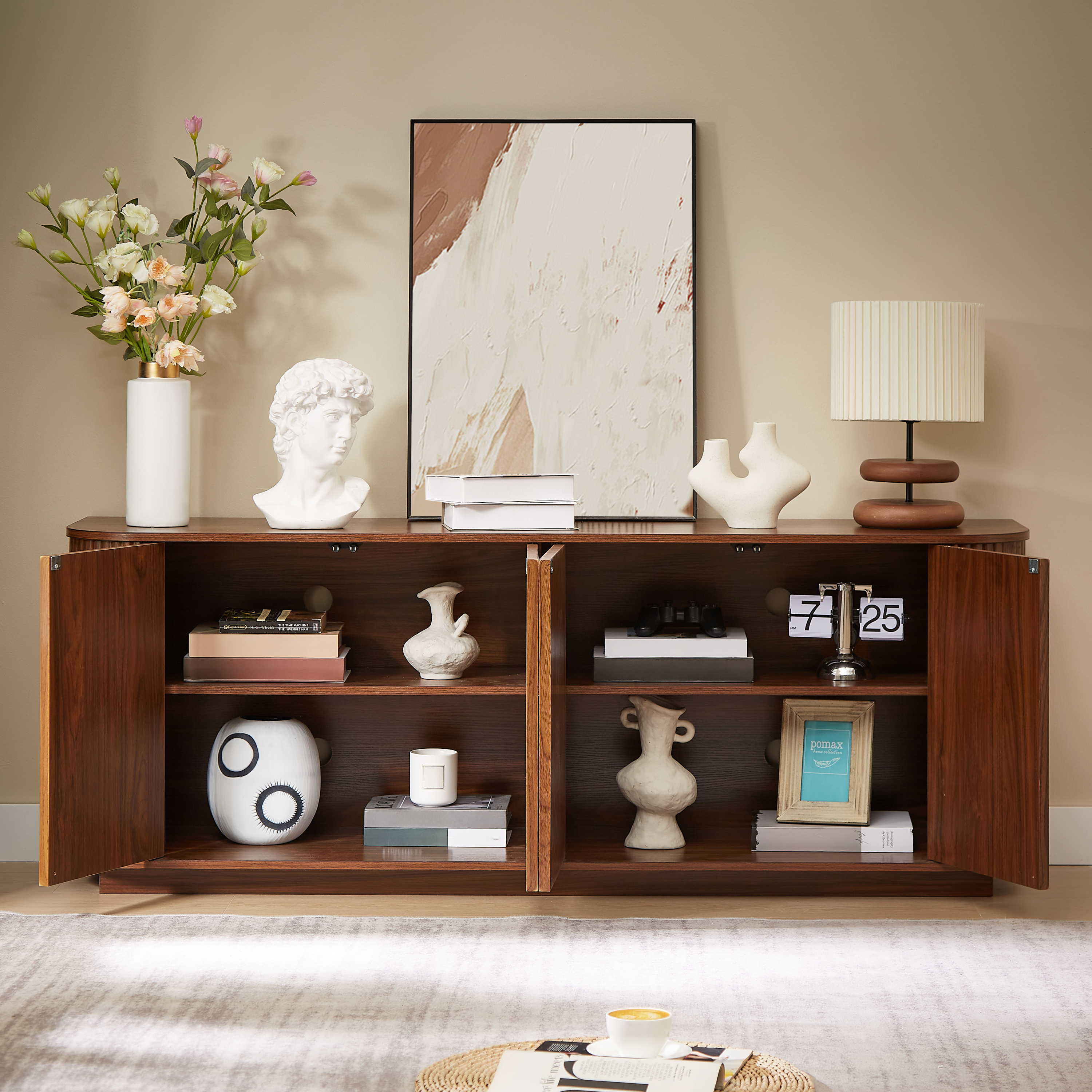 Martin Walnut MDF Contemporary Sideboard Cabinet with Wave Pattern Design - MidinMod
