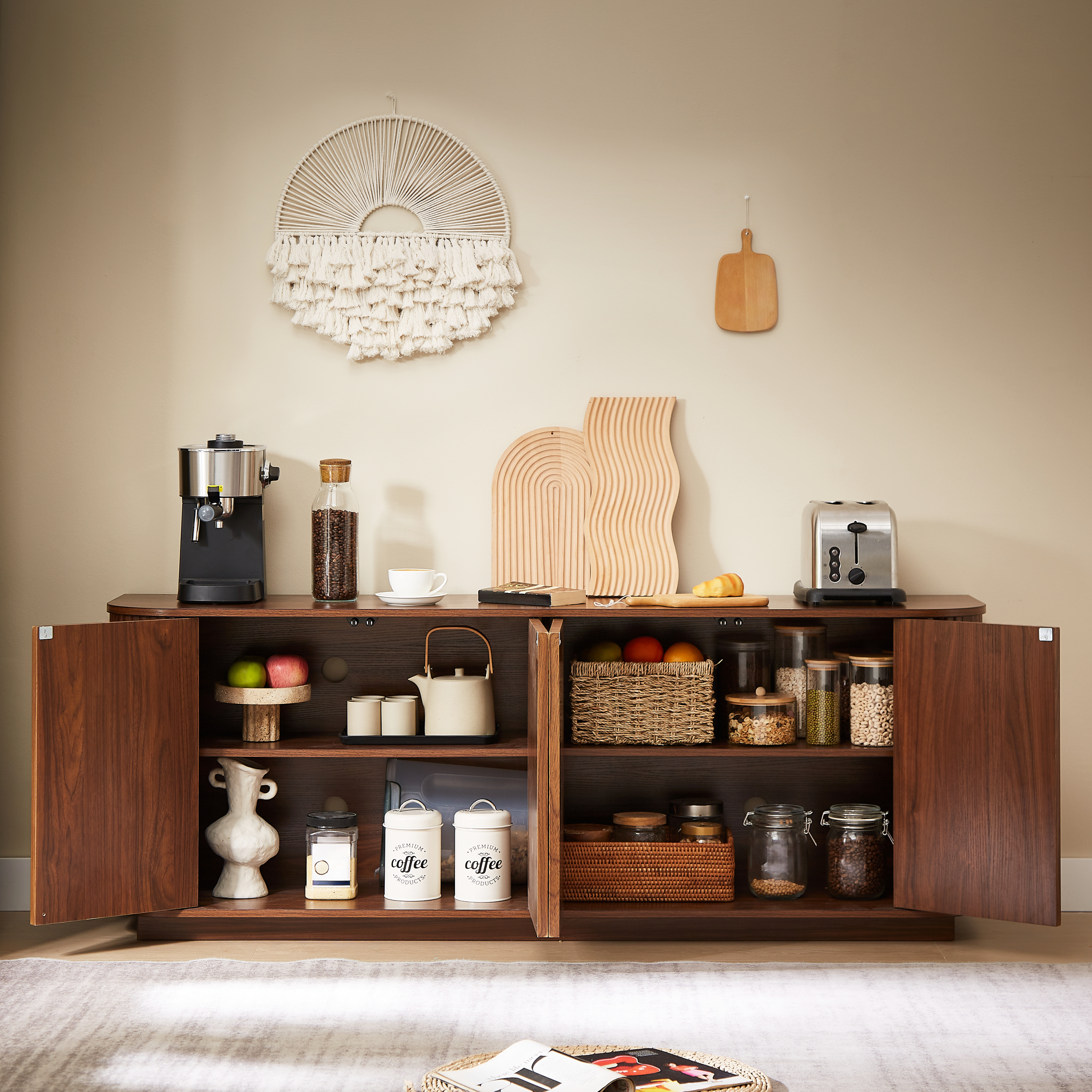 Martin Walnut MDF Contemporary Sideboard Cabinet with Wave Pattern Design - MidinMod
