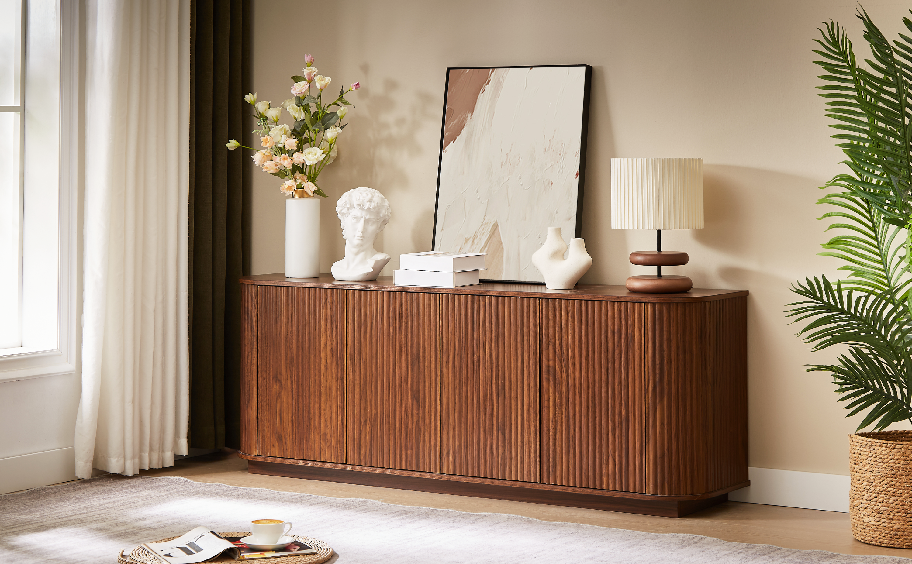 Martin Walnut MDF Contemporary Sideboard Cabinet with Wave Pattern Design - MidinMod