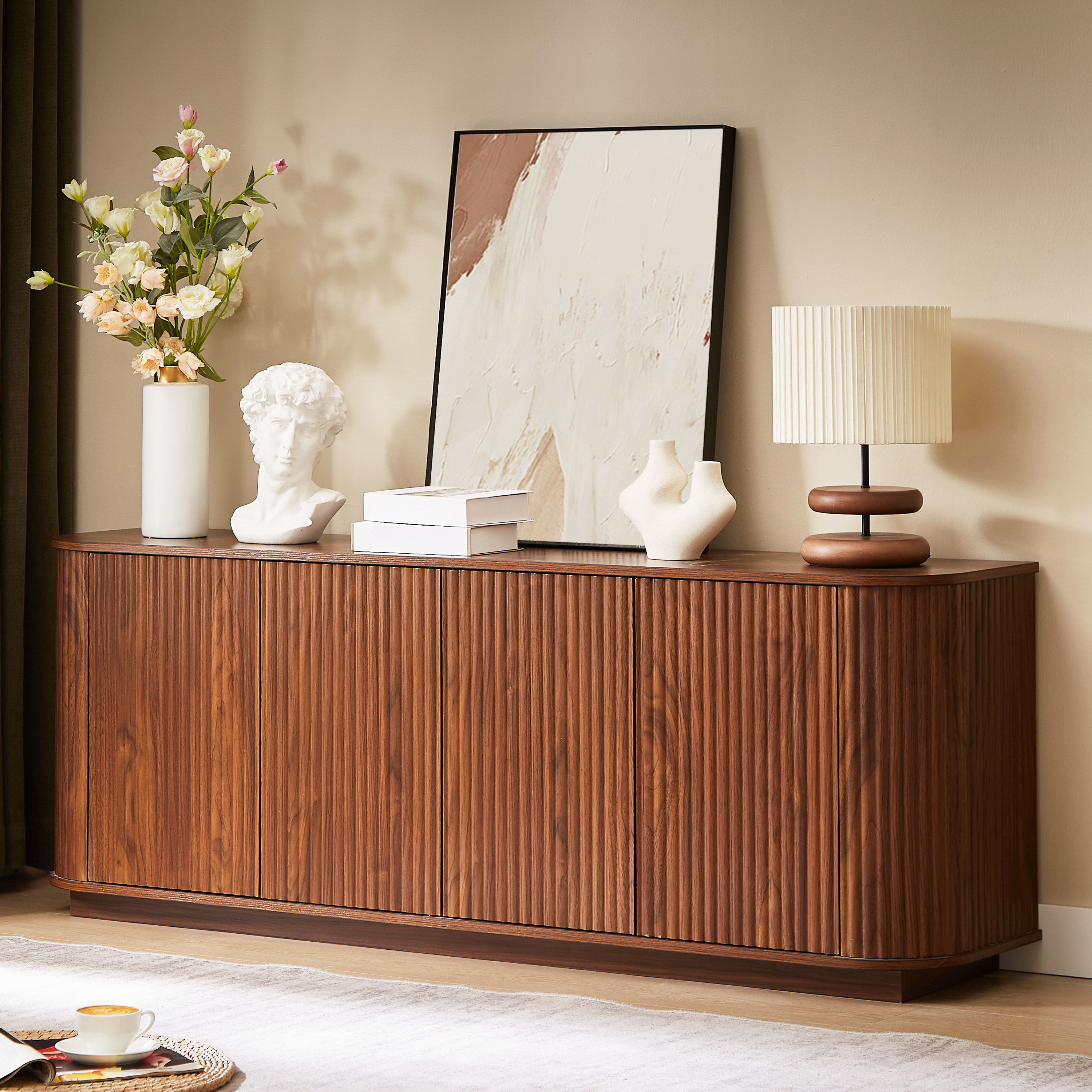 Martin Walnut MDF Contemporary Sideboard Cabinet with Wave Pattern Design - MidinMod