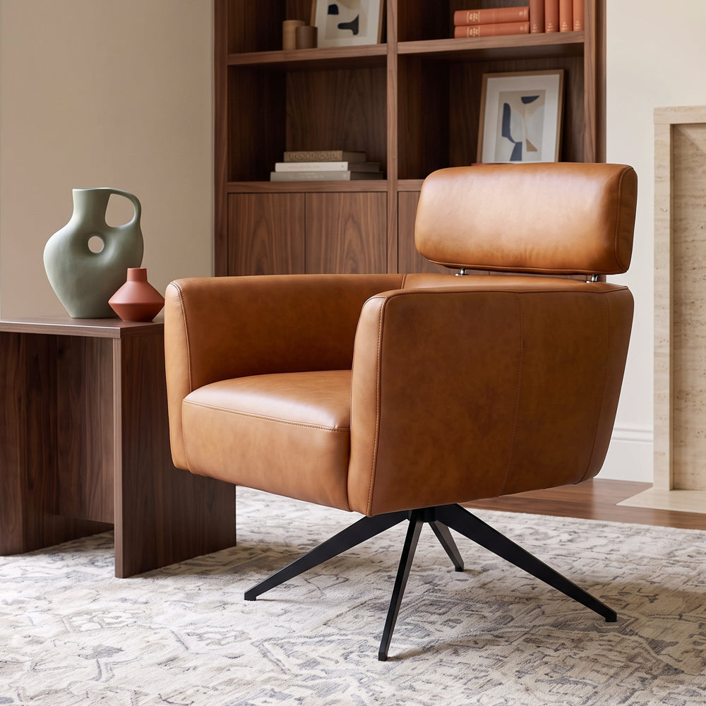 Megan Mid-Century Modern Genuine Leather Swivel Armchair | MidinMod