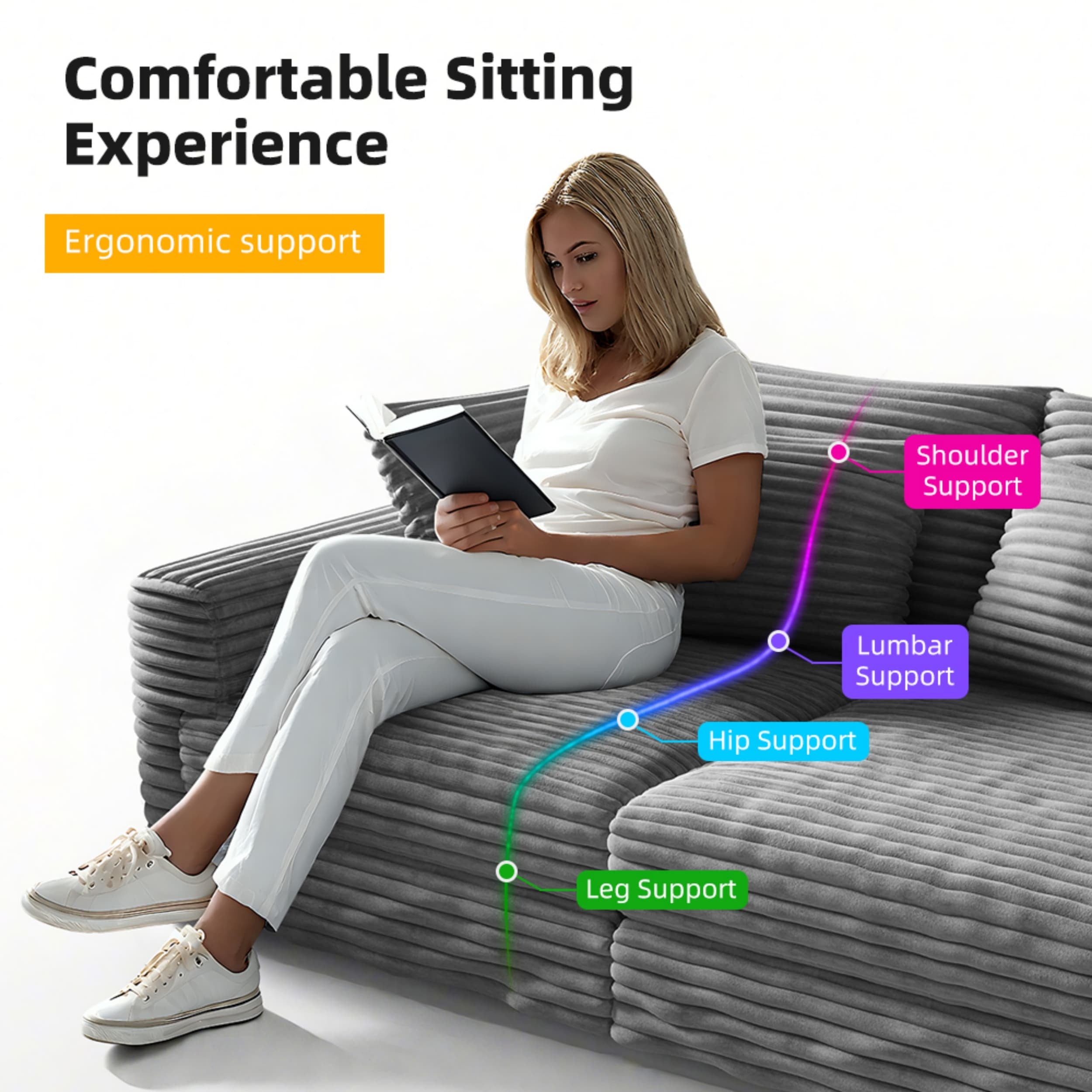 Mimosa Grey Corduroy 4-Seater Cloud Sofa with Deep Cushions and Solid Wood Framev - MidinMod