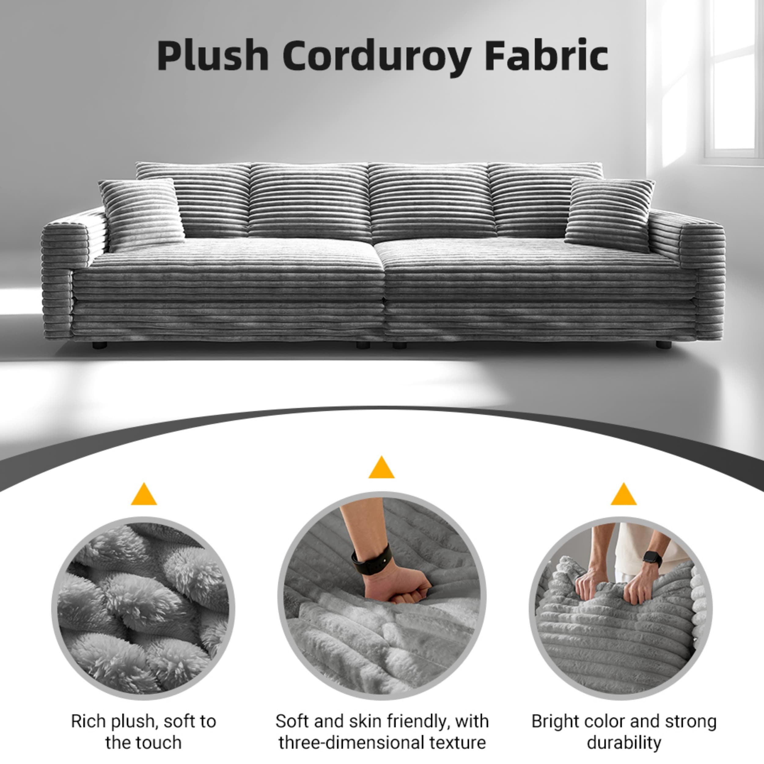 Mimosa Grey Corduroy 4-Seater Cloud Sofa with Deep Cushions and Solid Wood Framev - MidinMod