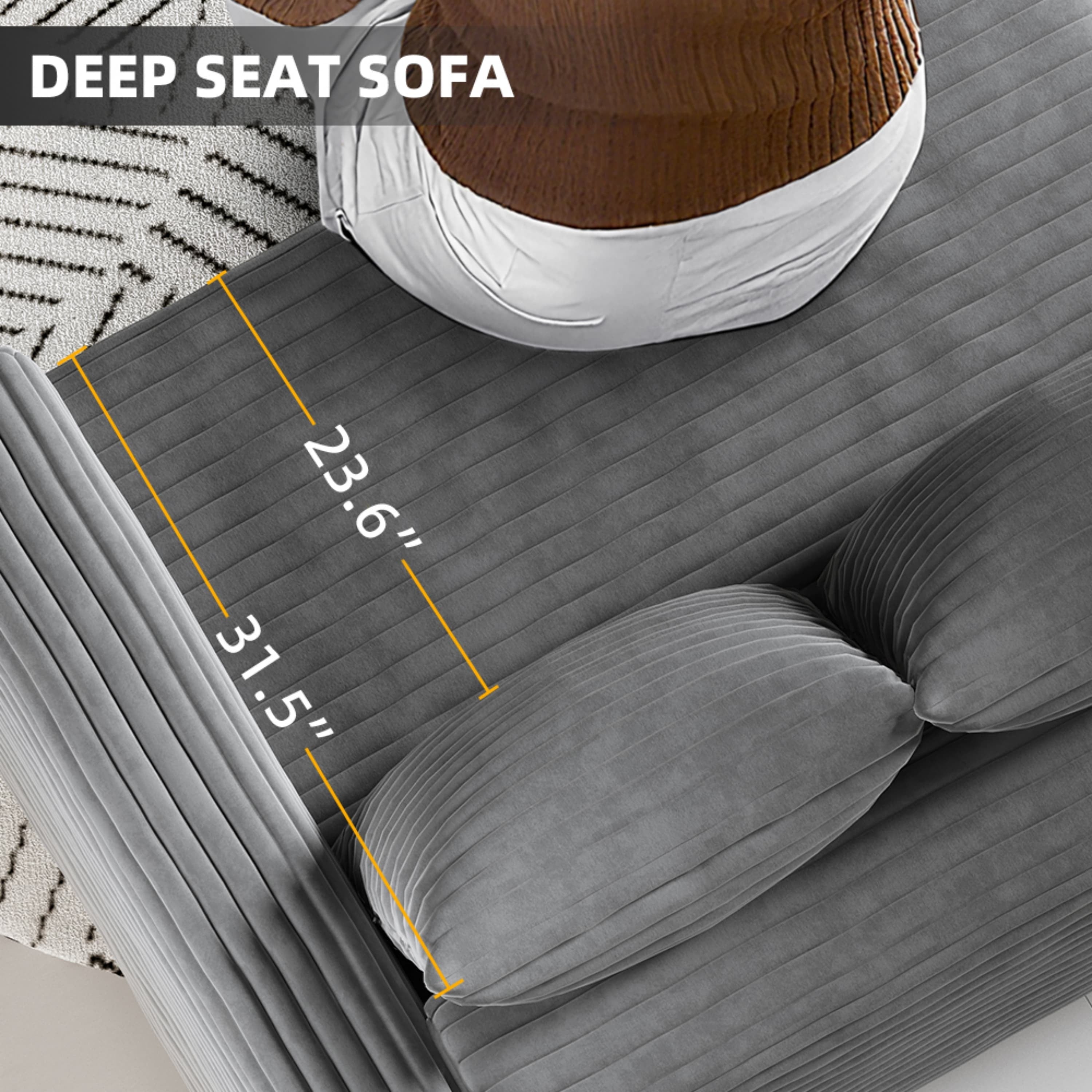 Mimosa Grey Corduroy 4-Seater Cloud Sofa with Deep Cushions and Solid Wood Framev - MidinMod