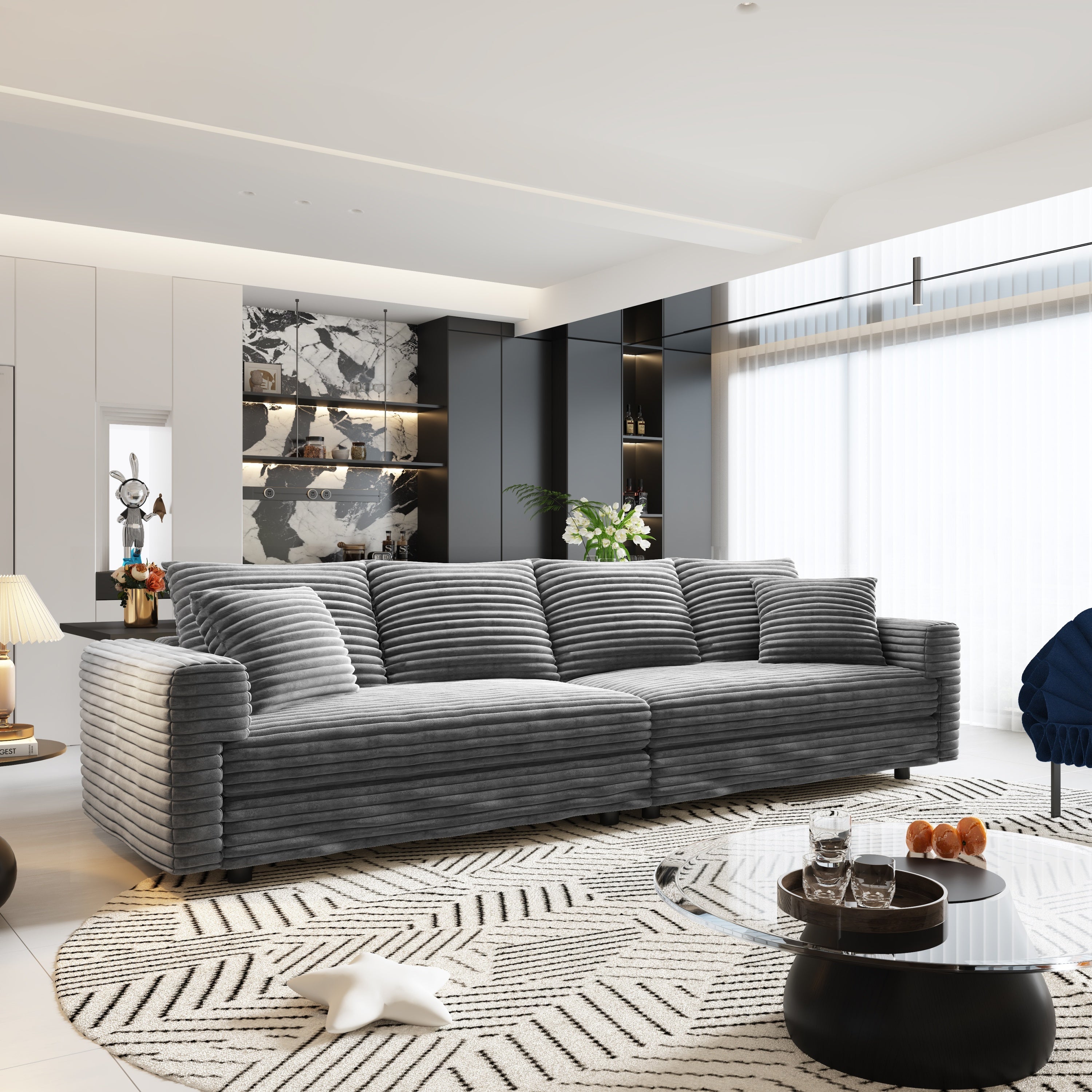 Mimosa Grey Corduroy 4-Seater Cloud Sofa with Deep Cushions and Solid Wood Framev - MidinMod