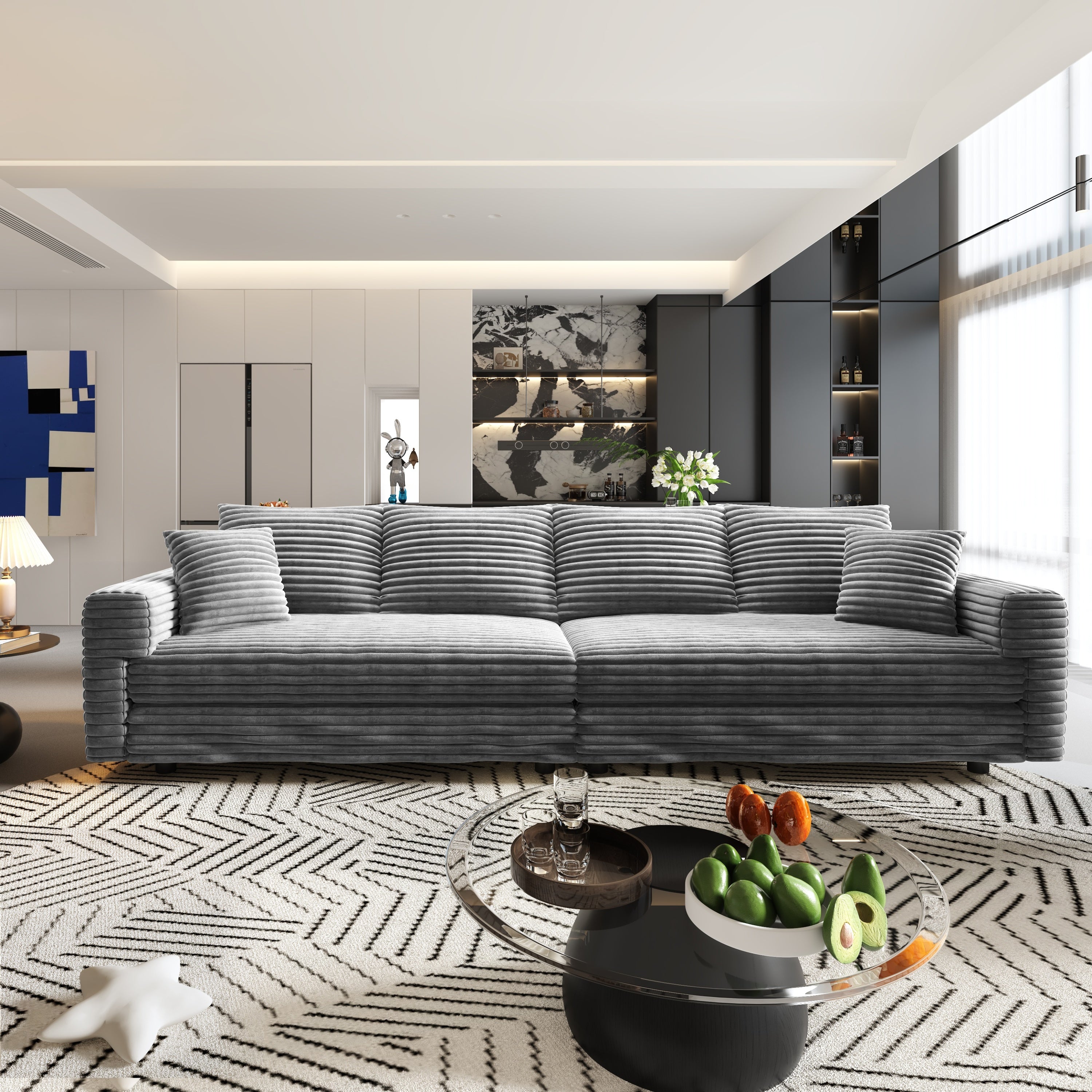 Mimosa Grey Corduroy 4-Seater Cloud Sofa with Deep Cushions and Solid Wood Framev - MidinMod