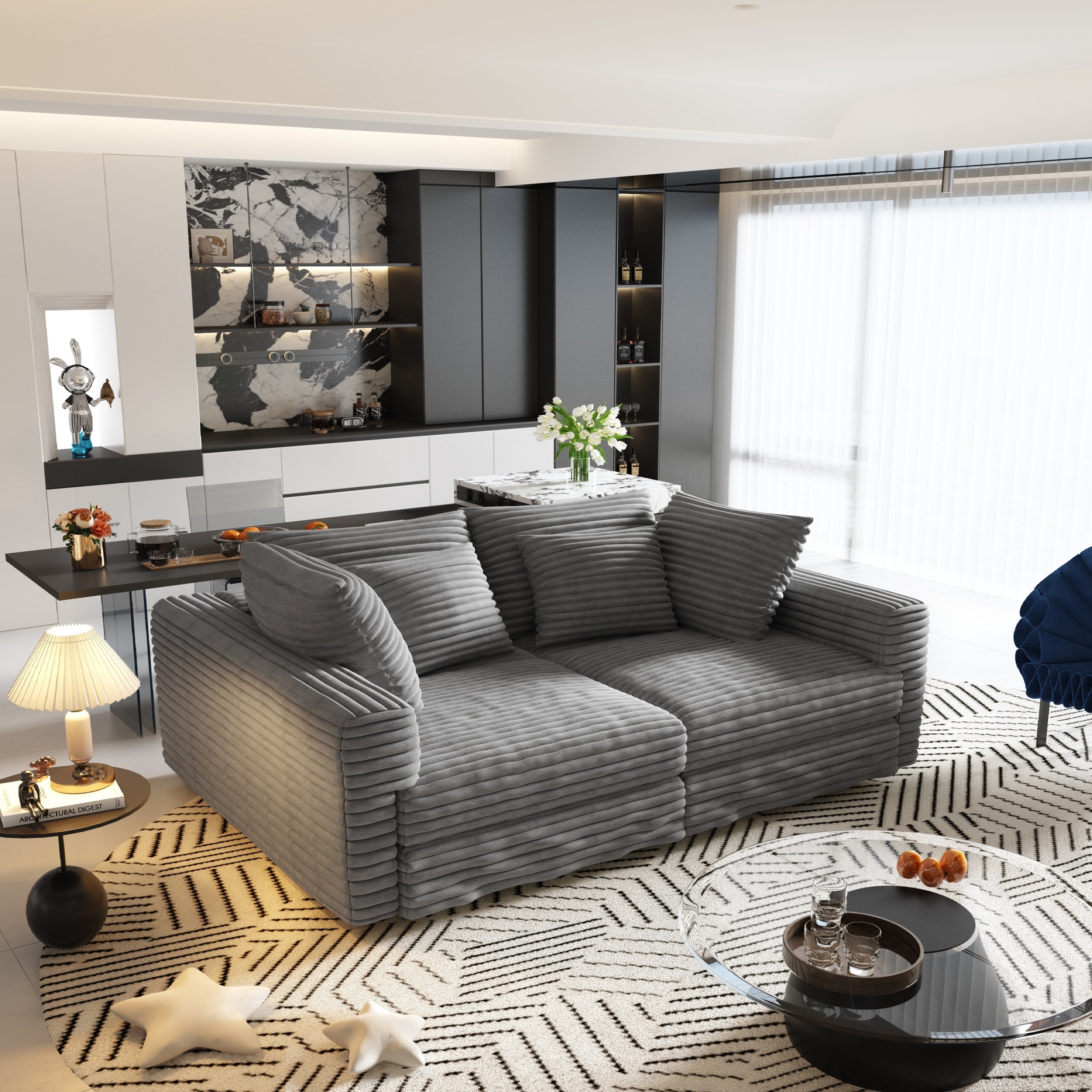 Mimosa Grey Corduroy 4-Seater Cloud Sofa with Deep Cushions and Solid Wood Framev - MidinMod