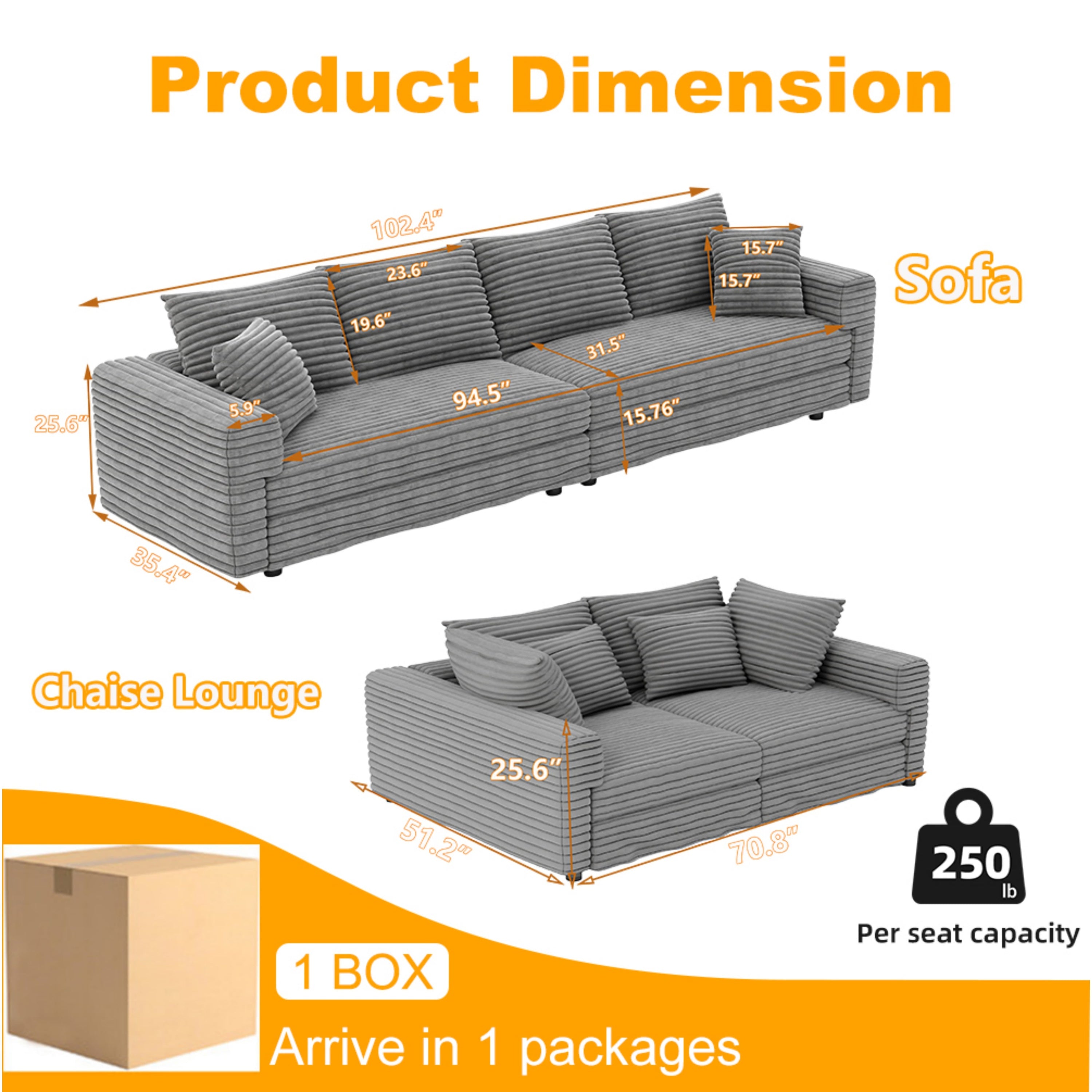 Mimosa Grey Corduroy 4-Seater Cloud Sofa with Deep Cushions and Solid Wood Framev - MidinMod