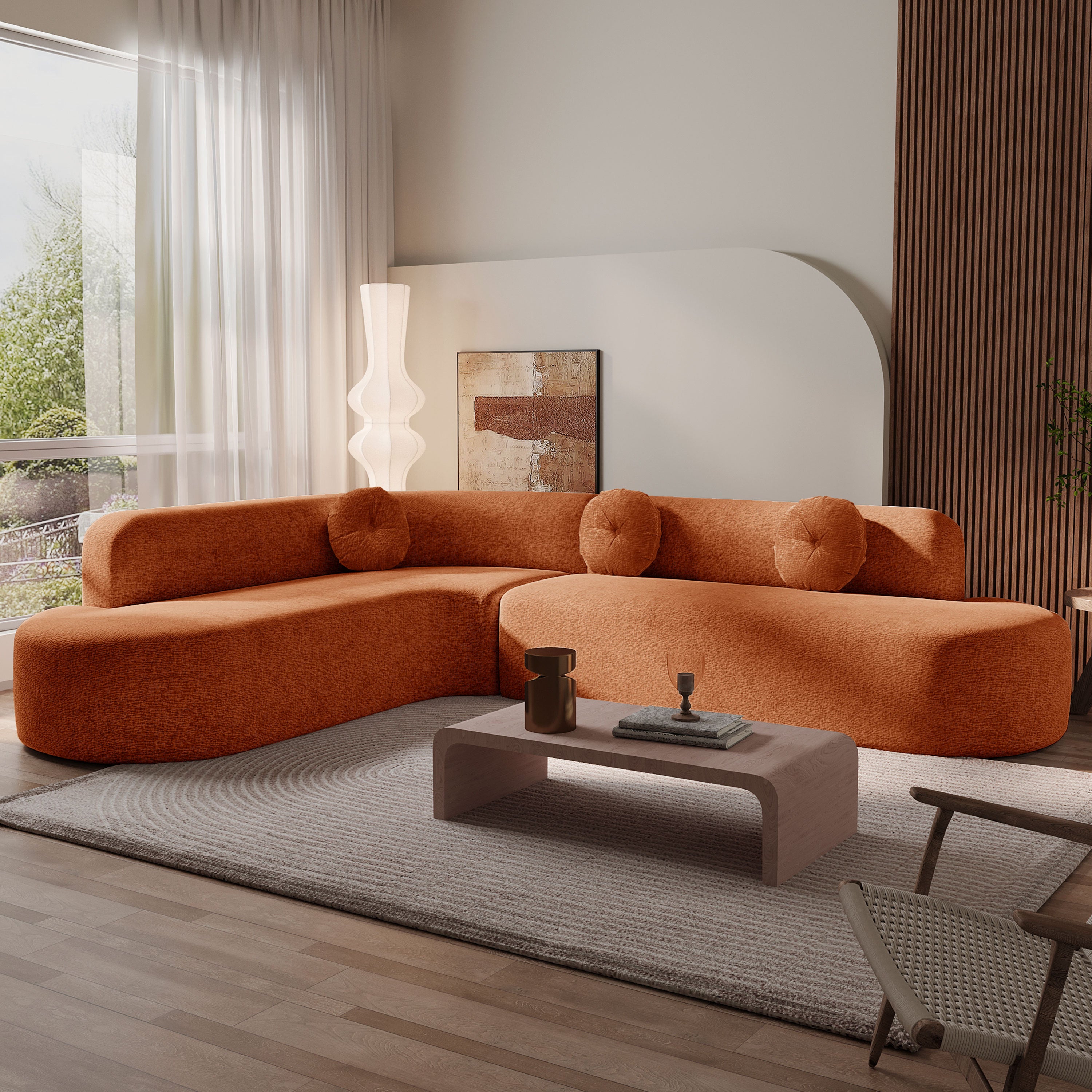 Mirod Burnt Orange Chenille 4-Seat Corner Sofa with Curved Design and Plush Comfort - MidinMod