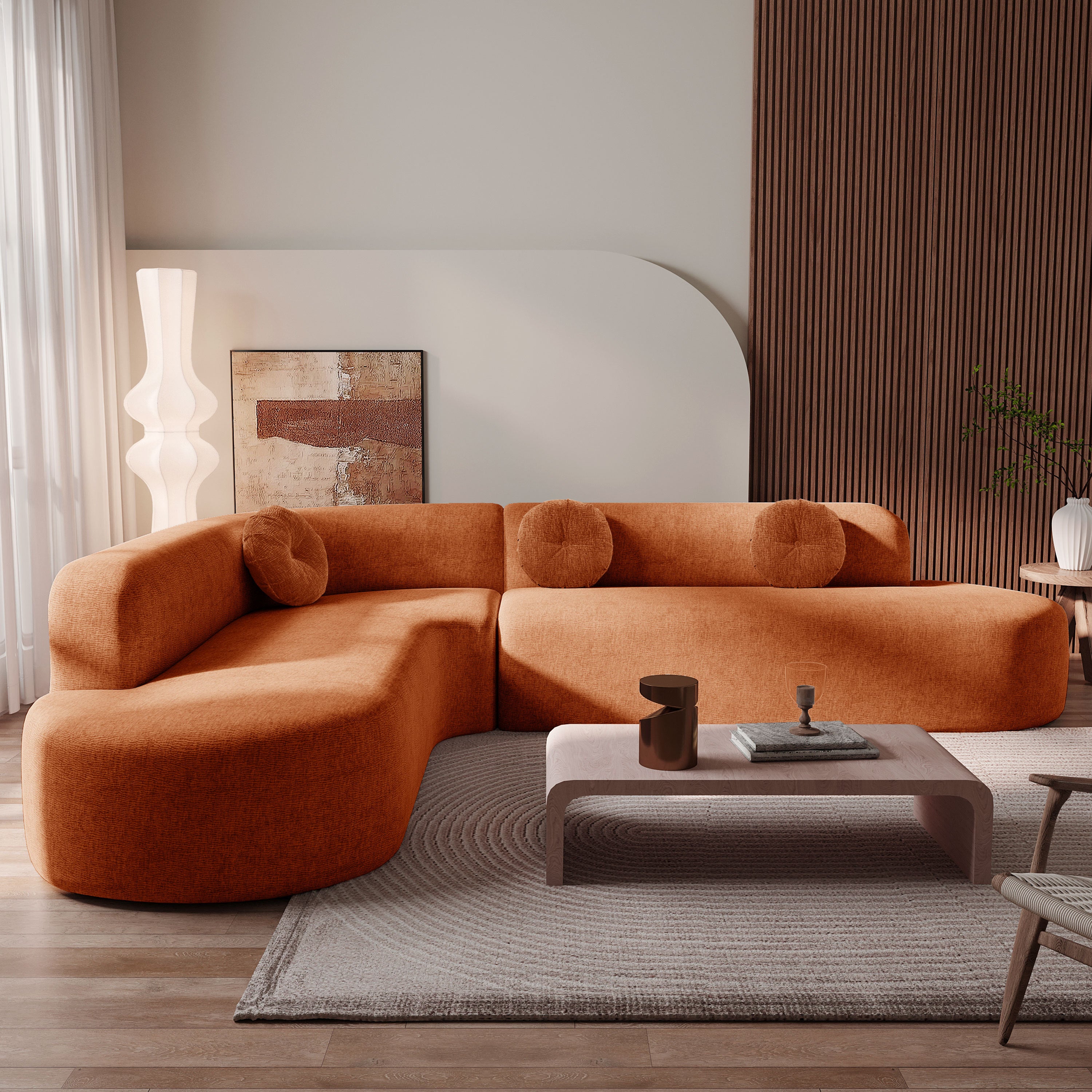 Mirod Burnt Orange Chenille 4-Seat Corner Sofa with Curved Design and Plush Comfort - MidinMod