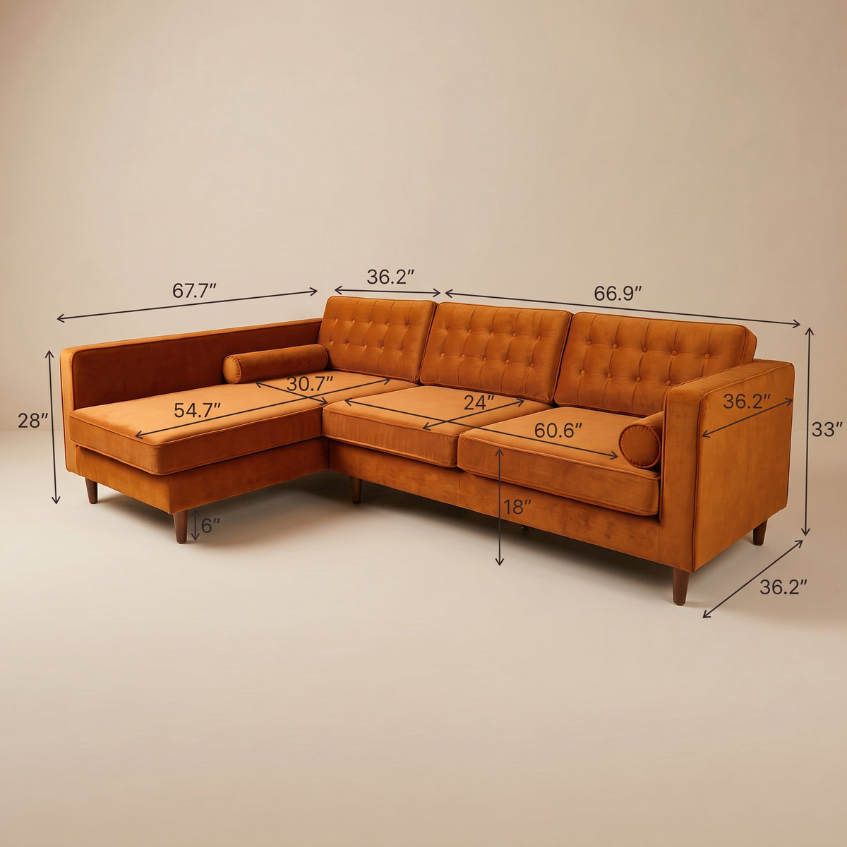 Olson Mid-Century Modern Burnt Orange Velvet Upholstered Left-Facing Sectional Sofa | MidinMod