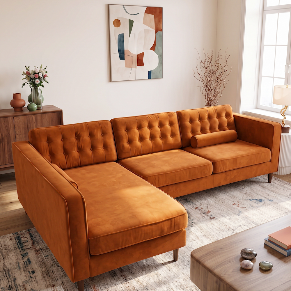 Olson Mid-Century Modern Burnt Orange Velvet Upholstered Left-Facing Sectional Sofa | MidinMod