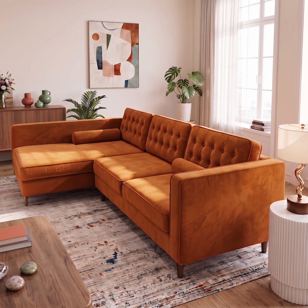 Olson Mid-Century Modern Burnt Orange Velvet Upholstered Left-Facing Sectional Sofa | MidinMod