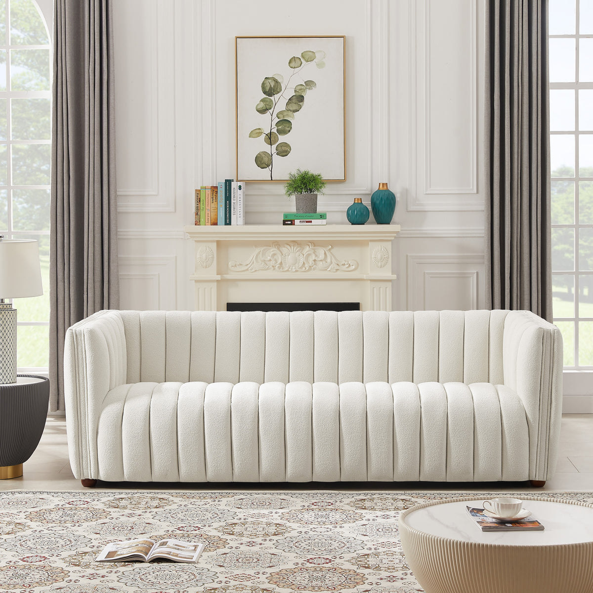 Rosslyn Channel Tufted White Boucle Fabric Upholstered Sofa | MidinMod