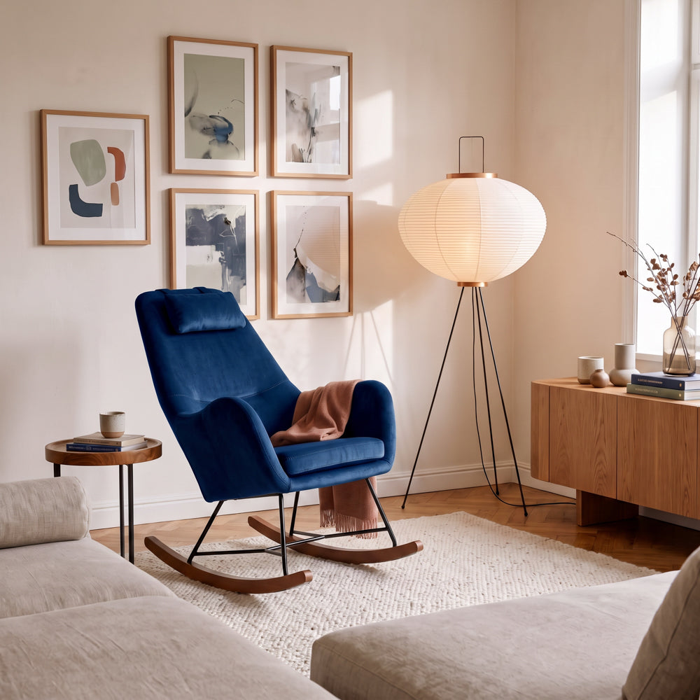Rumi Blue Velvet Rocking Chair | Mid-Century Modern Nursery & Lounge Rocker | MidinMod