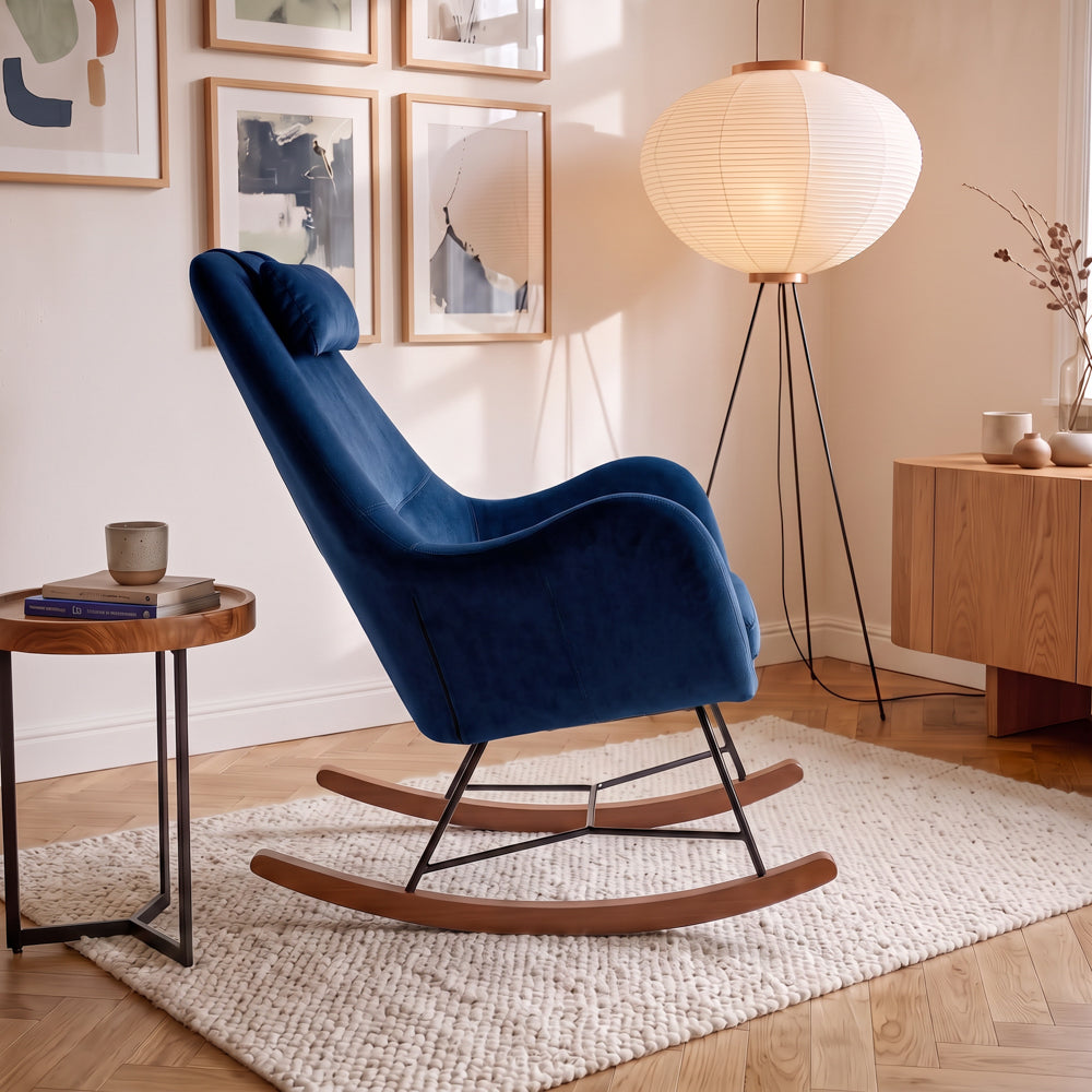 Rumi Blue Velvet Rocking Chair | Mid-Century Modern Nursery & Lounge Rocker | MidinMod