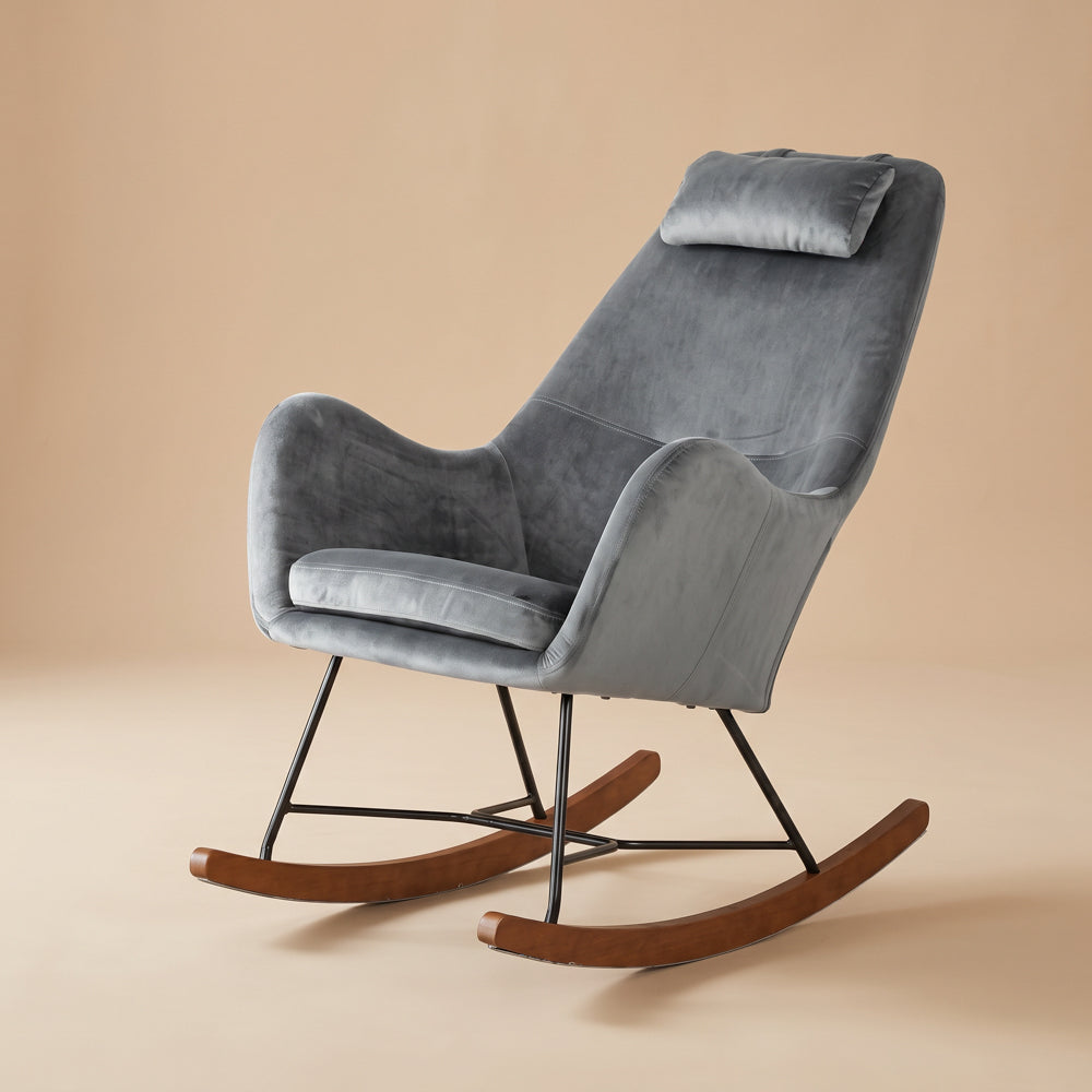 Rumi Grey Velvet Rocking Chair | Mid-Century Modern Nursery & Lounge Rocker | MidinMod