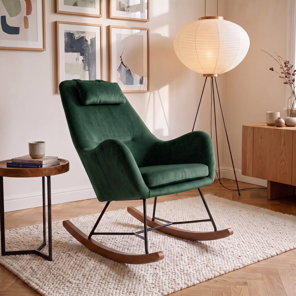 Rumi Green Velvet Rocking Chair | Mid-Century Modern Nursery & Lounge Rocker | MidinMod