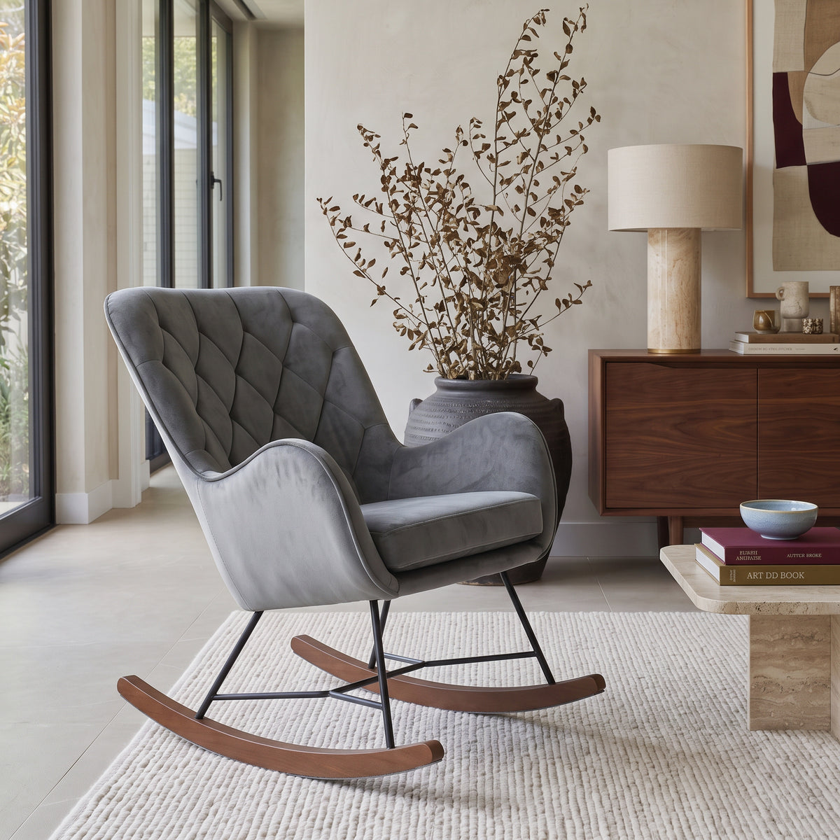 Sahara Gray Velvet Fabric Rocking Chair - MidinMod