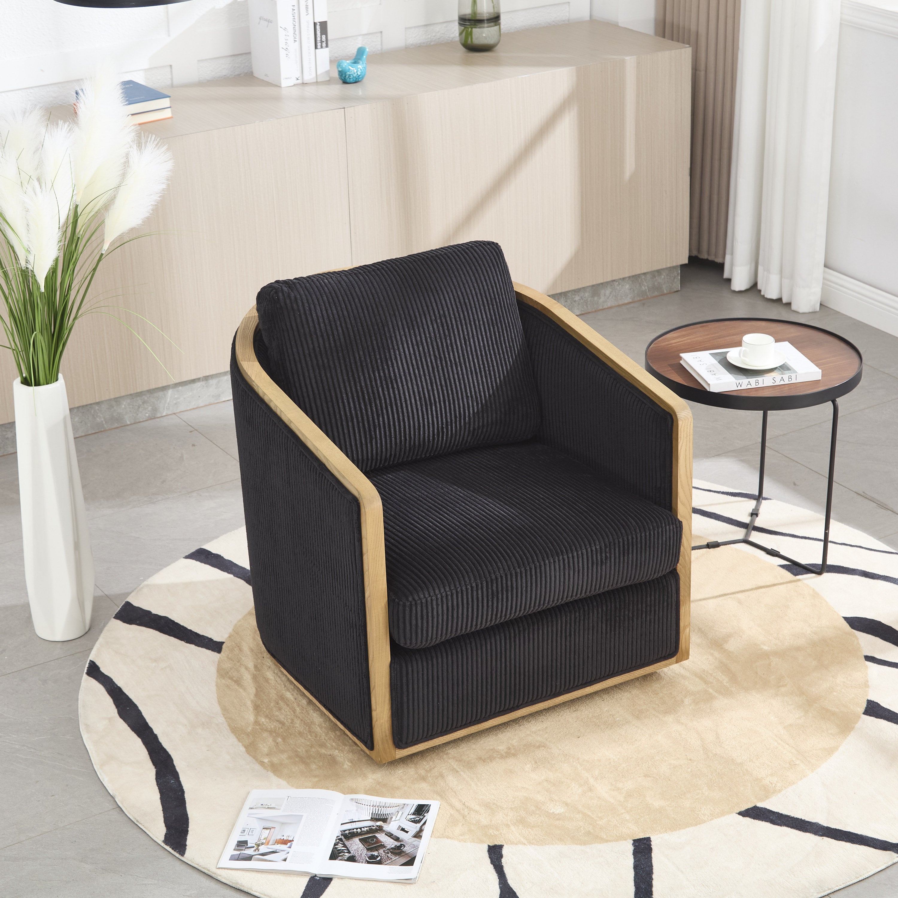 Schrazade Black Corduroy Swivel Barrel Chair with 360° Rotation and Foam Cushion - MidinMod