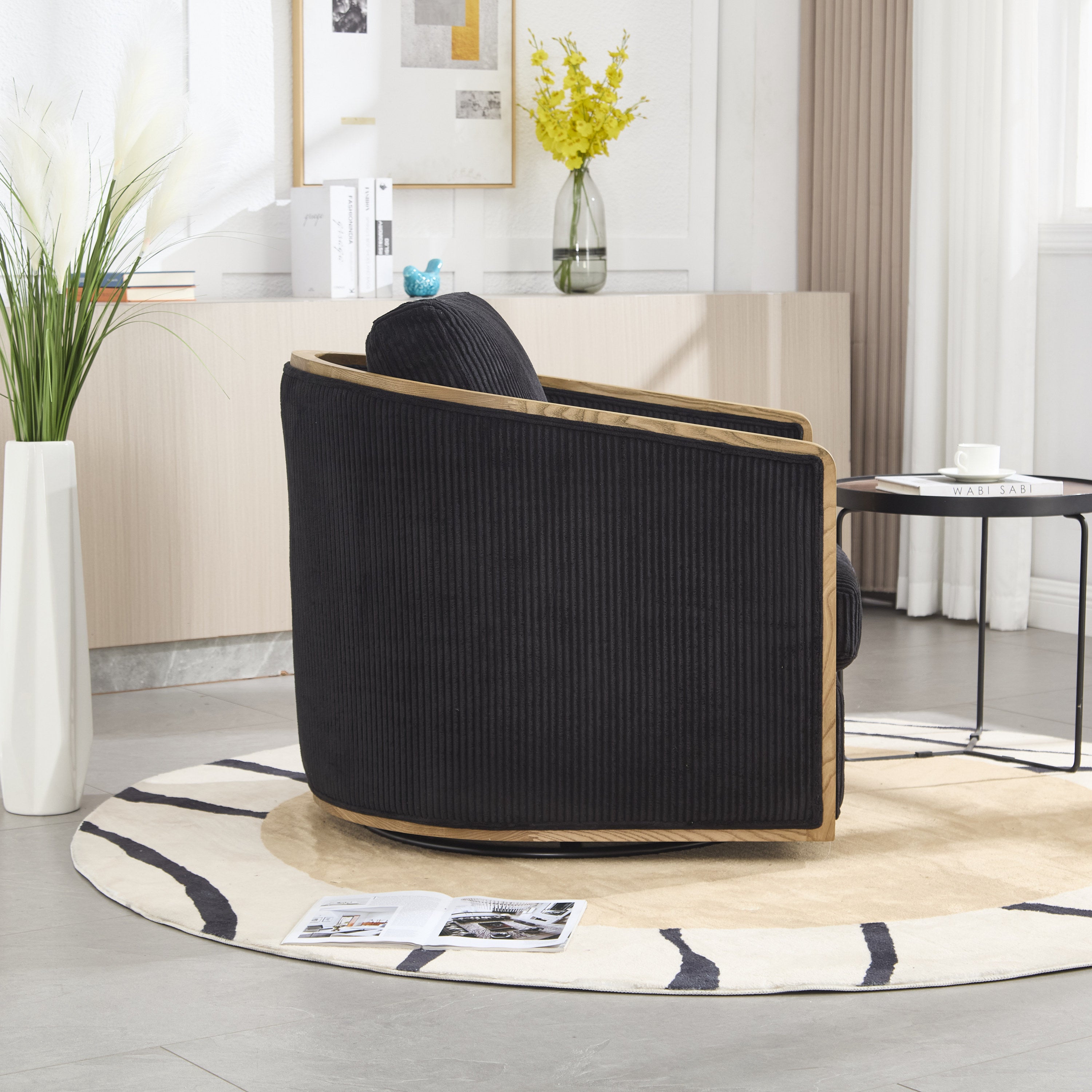 Schrazade Black Corduroy Swivel Barrel Chair with 360° Rotation and Foam Cushion - MidinMod