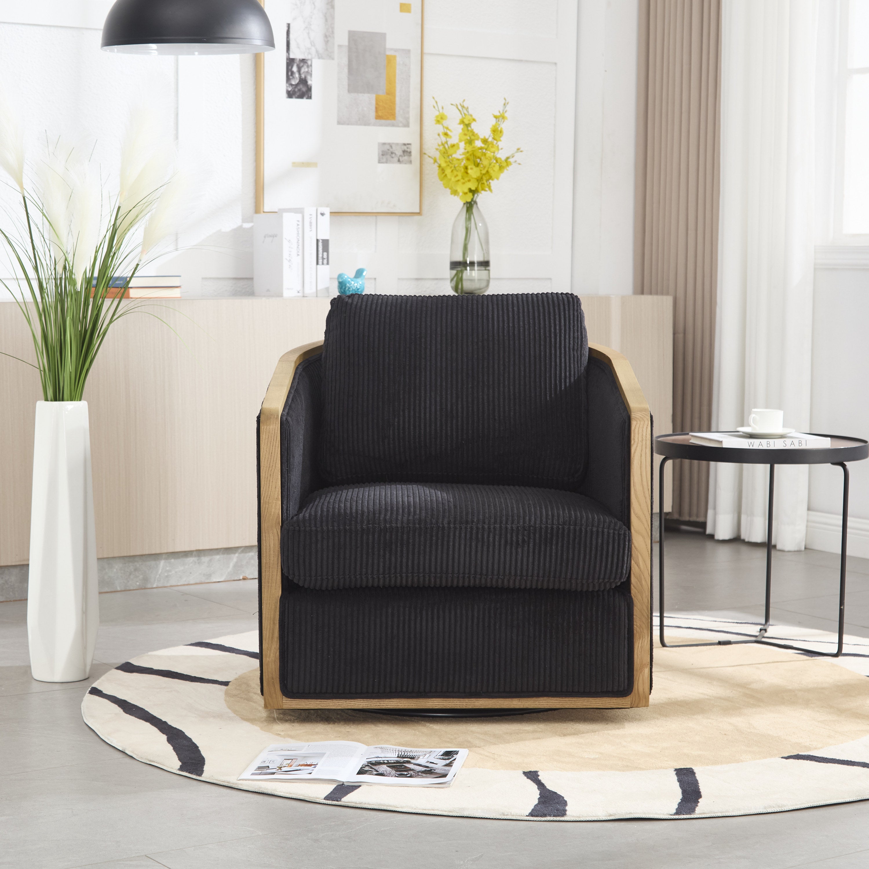 Schrazade Black Corduroy Swivel Barrel Chair with 360° Rotation and Foam Cushion - MidinMod