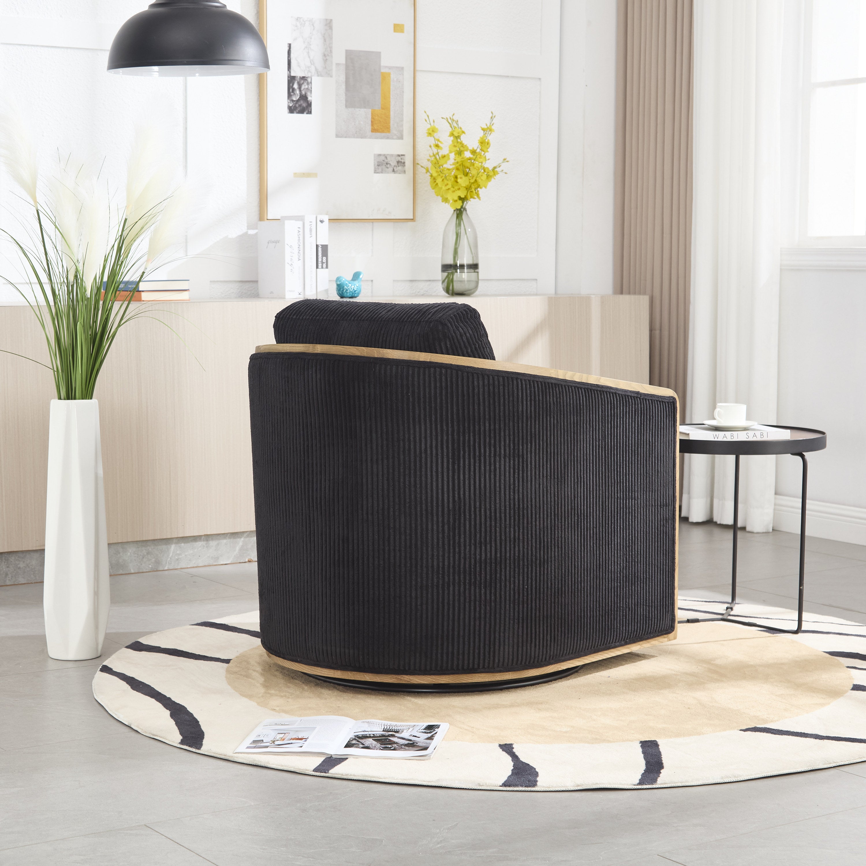 Schrazade Black Corduroy Swivel Barrel Chair with 360° Rotation and Foam Cushion - MidinMod