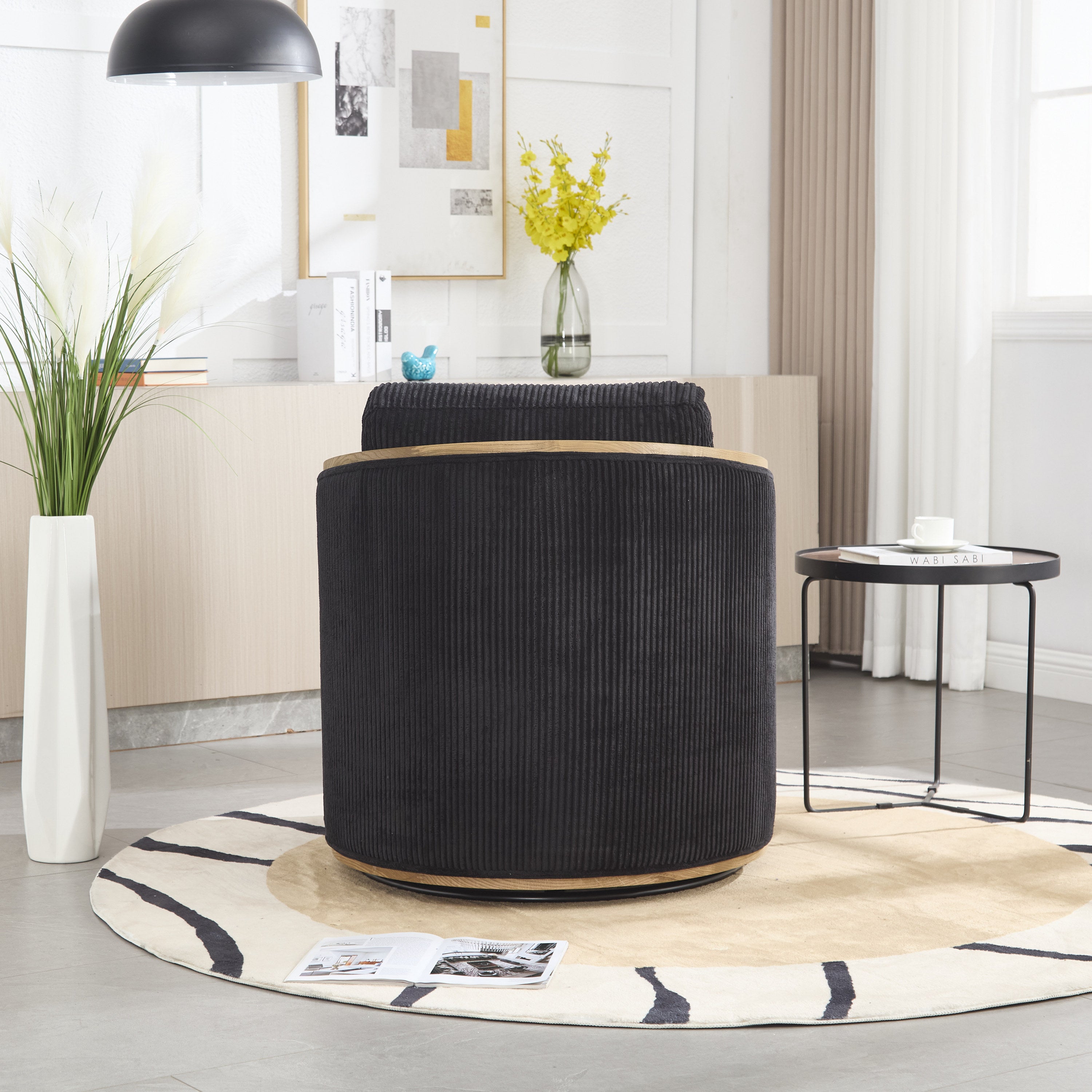 Schrazade Black Corduroy Swivel Barrel Chair with 360° Rotation and Foam Cushion - MidinMod
