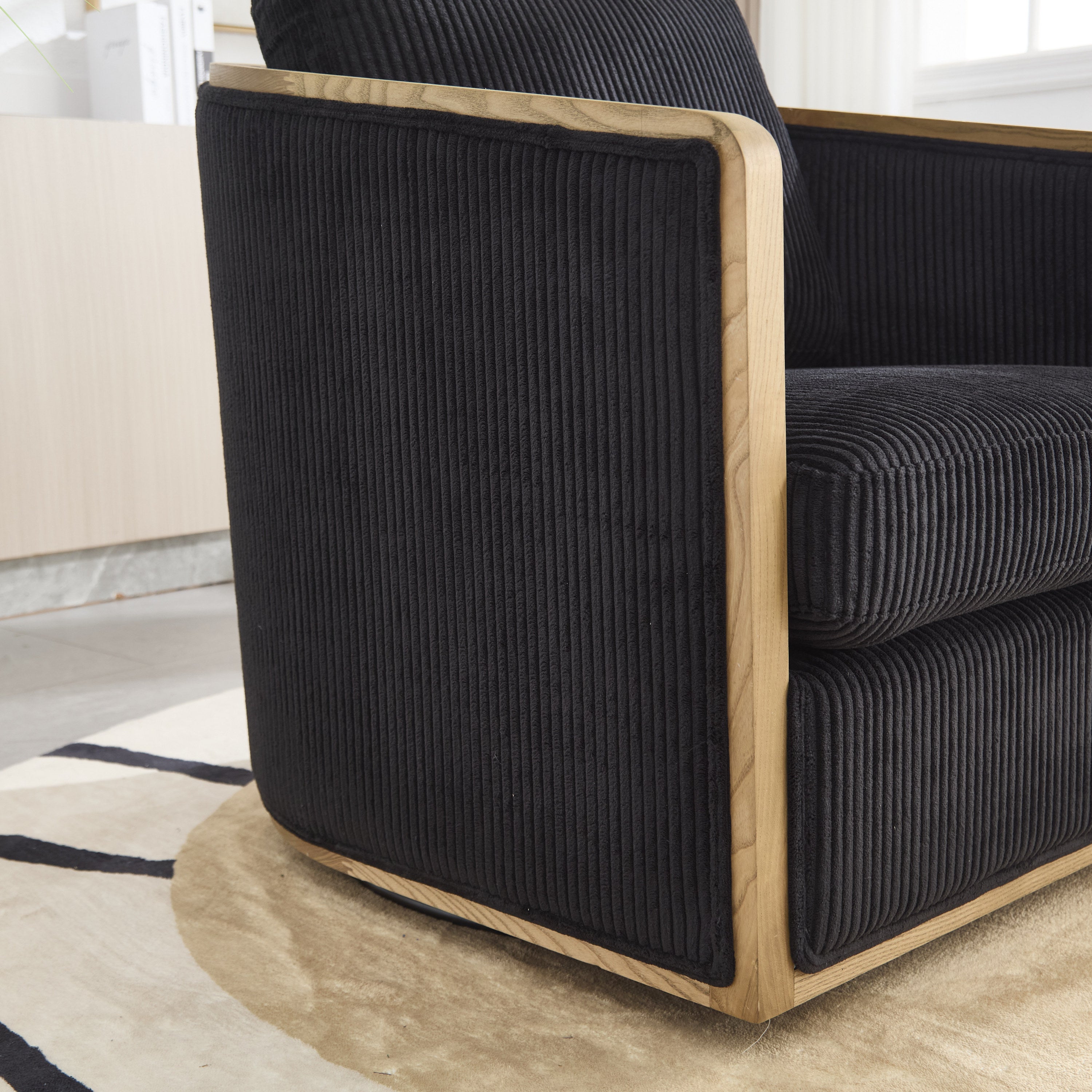Schrazade Black Corduroy Swivel Barrel Chair with 360° Rotation and Foam Cushion - MidinMod