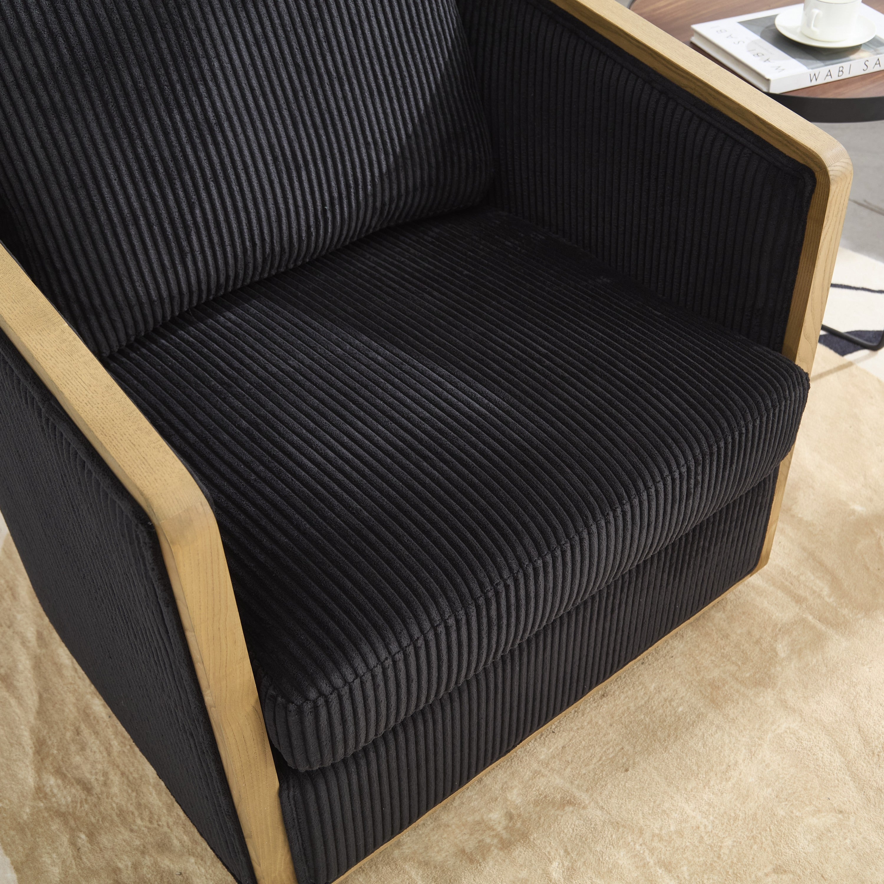 Schrazade Black Corduroy Swivel Barrel Chair with 360° Rotation and Foam Cushion - MidinMod