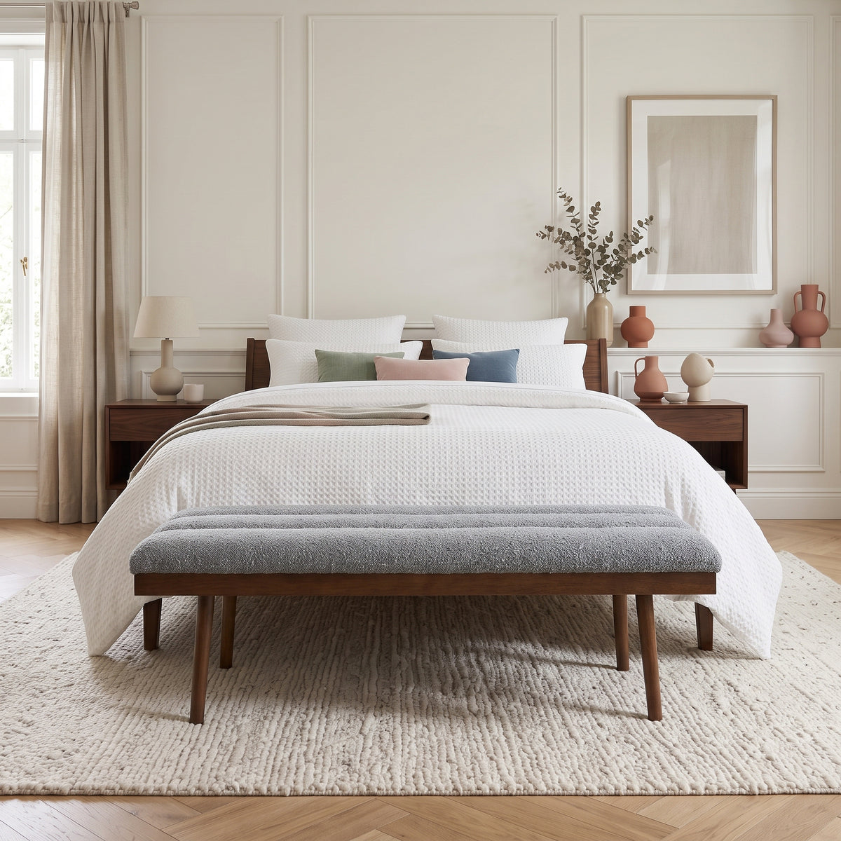 Serge Mid-Century Modern Light Grey Boucle Bench | MidinMod