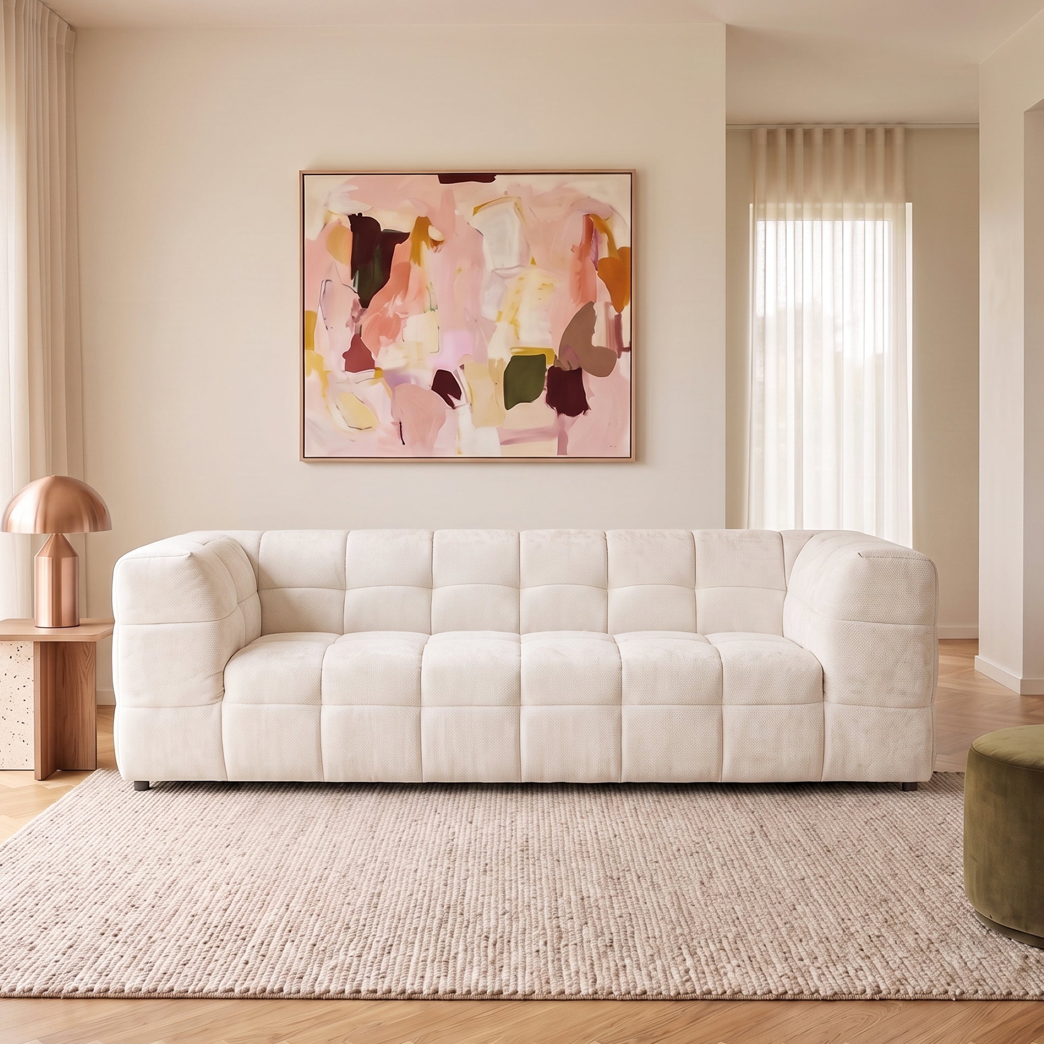 Tacoma Modern Beige Boucle Sofa with Biscuit Tufting & Wide Square Arms | MidinMod