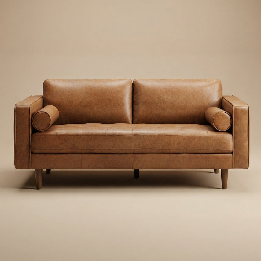 Tessa Mid-Century Modern Genuine Tan Leather Loveseat | Italian Craftsmanship | MidinMod