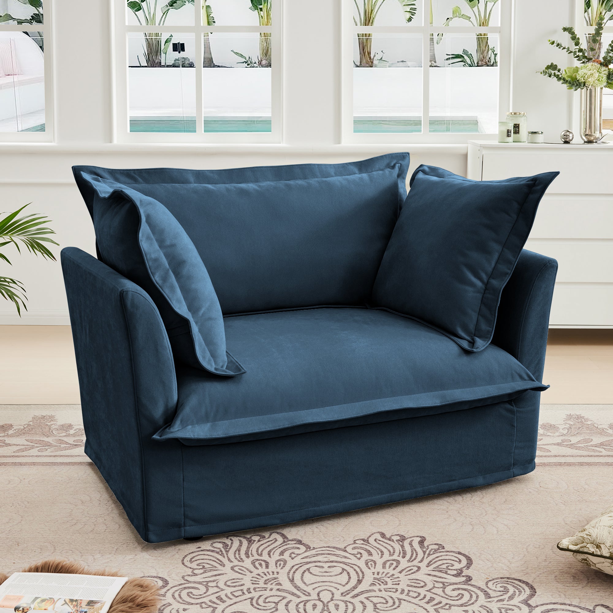 Ticova Modern Blue Chenille Accent Chair with Deep Cushion and High Back - MidinMod