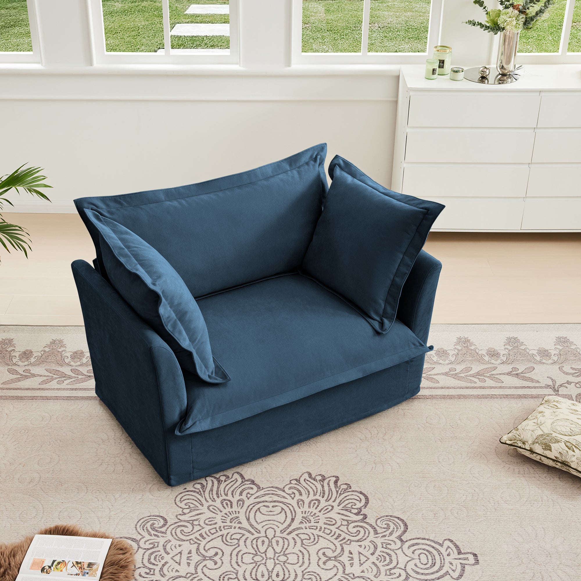 Ticova Modern Blue Chenille Accent Chair with Deep Cushion and High Back - MidinMod