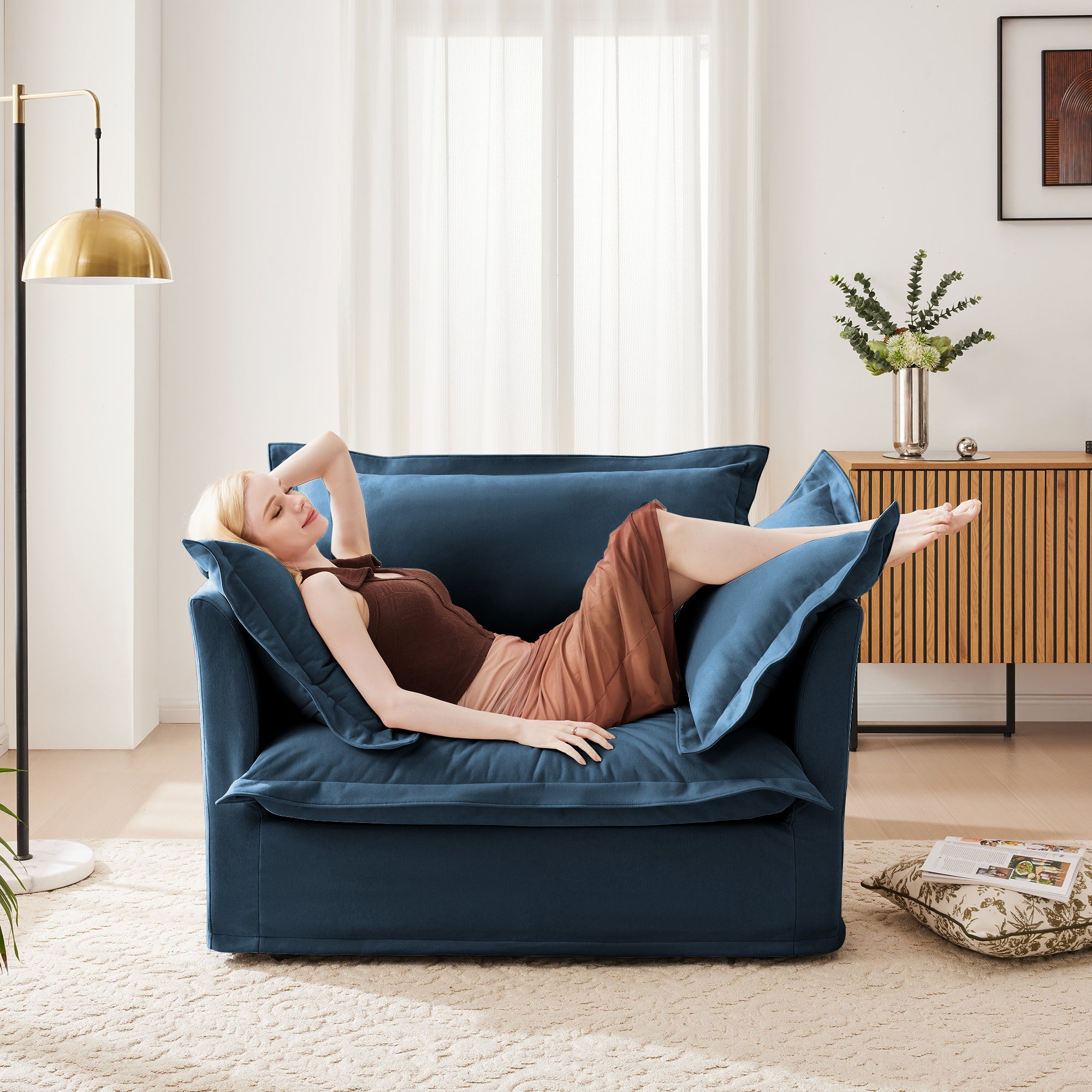 Ticova Modern Blue Chenille Accent Chair with Deep Cushion and High Back - MidinMod