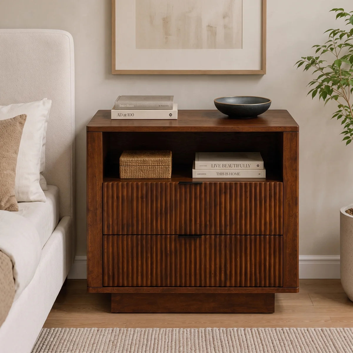 Webster 2 Drawers Solid Wood Nightstand in Walnut | MidinMod