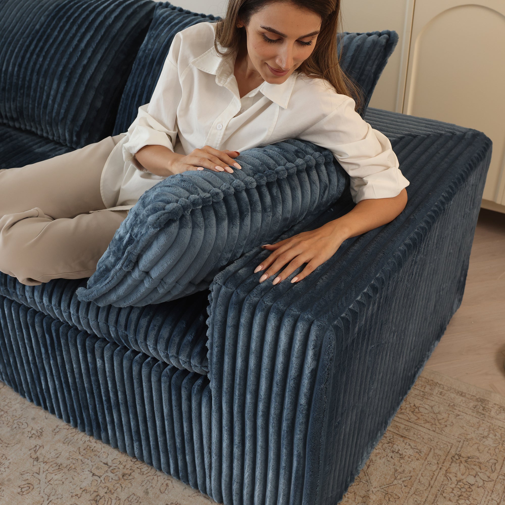 Norre Blue Modular Fabric Sofa with Feather-Filled Cushions and Sponge Support - MidinMod
