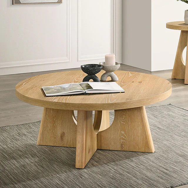 Olgod Oak Round Coffee Table | Contemporary Rubberwood Center Table | MidinMod