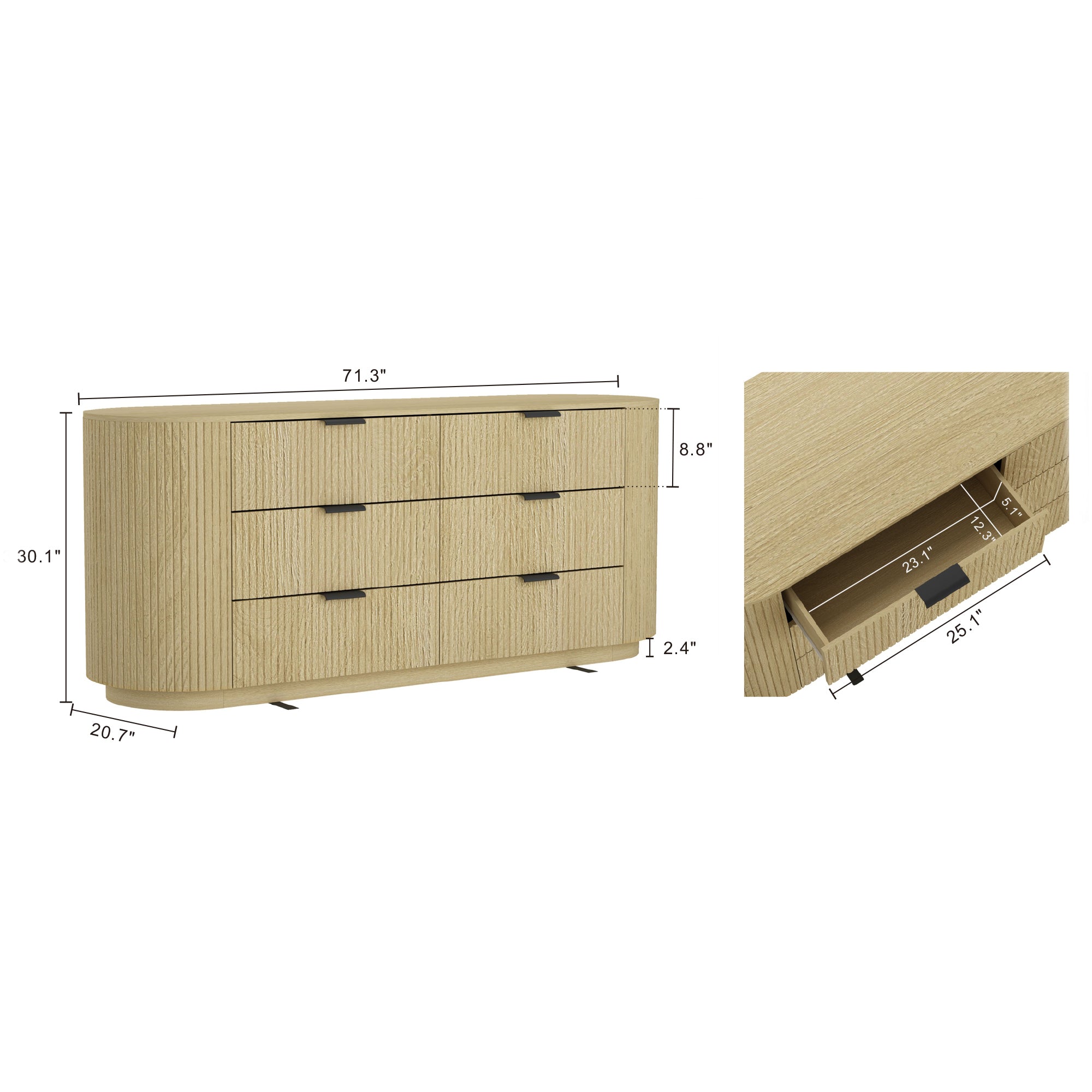 Olivia 71.3" Natural Oak & Gold Double Dresser | Modern Solid Wood Storage Chest | MidinMod